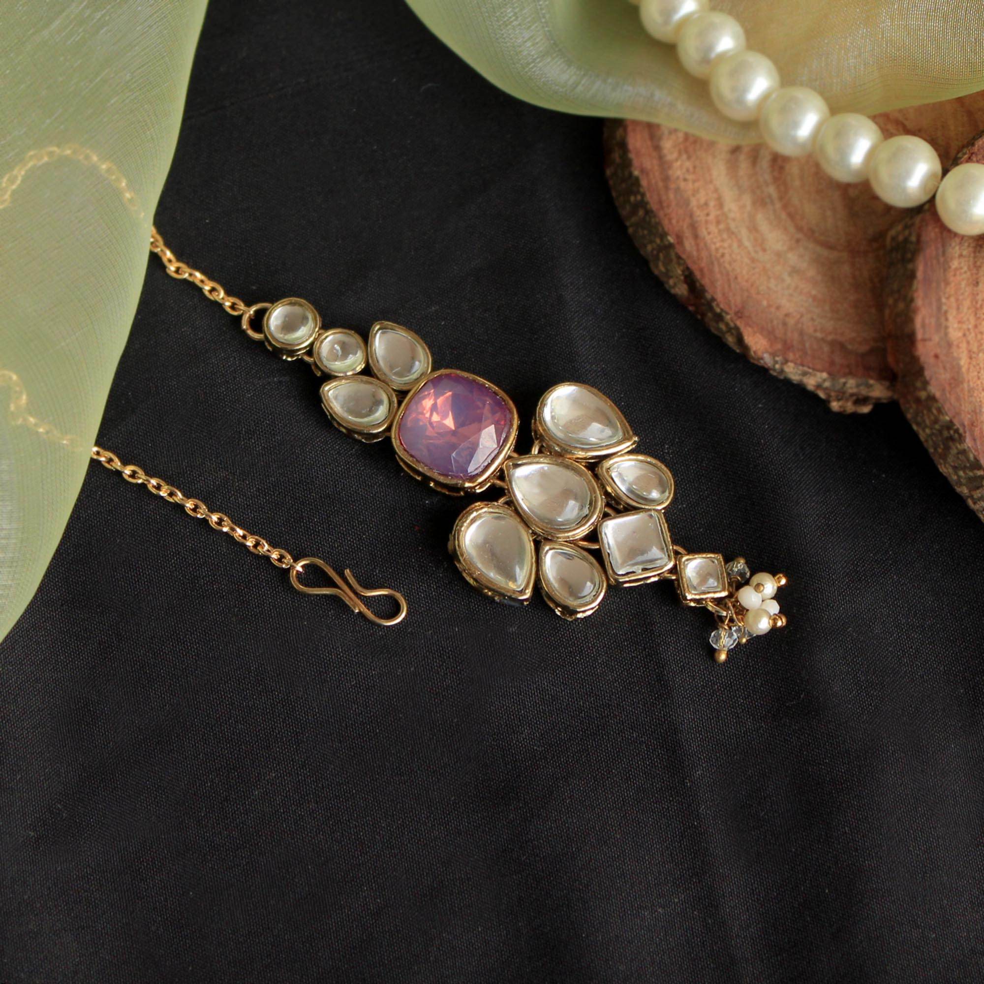 white glass kundan mangtika Beabhika Handmade Purple Artificial Jewelry Kundan Maangtikka Golden Maang Tikka With Pearls Kundan Wedding Jewelry Trendy Earrings Daily Wear Party Wear Traditional Ethnic Dress Jewelry Head Accessory Bridal Jewelry Set Online Cash On Delivery