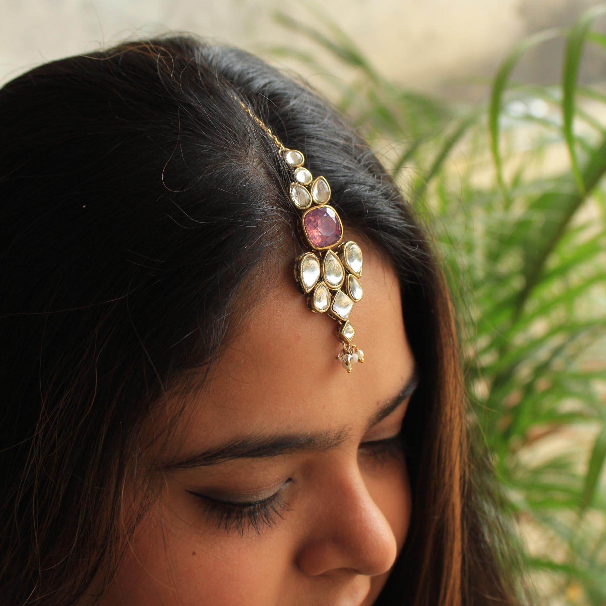 white glass kundan mangtika Beabhika Handmade Purple Artificial Jewelry Kundan Maangtikka Golden Maang Tikka With Pearls Kundan Wedding Jewelry Trendy Earrings Daily Wear Party Wear Traditional Ethnic Dress Jewelry Head Accessory Bridal Jewelry Set Online Cash On Delivery