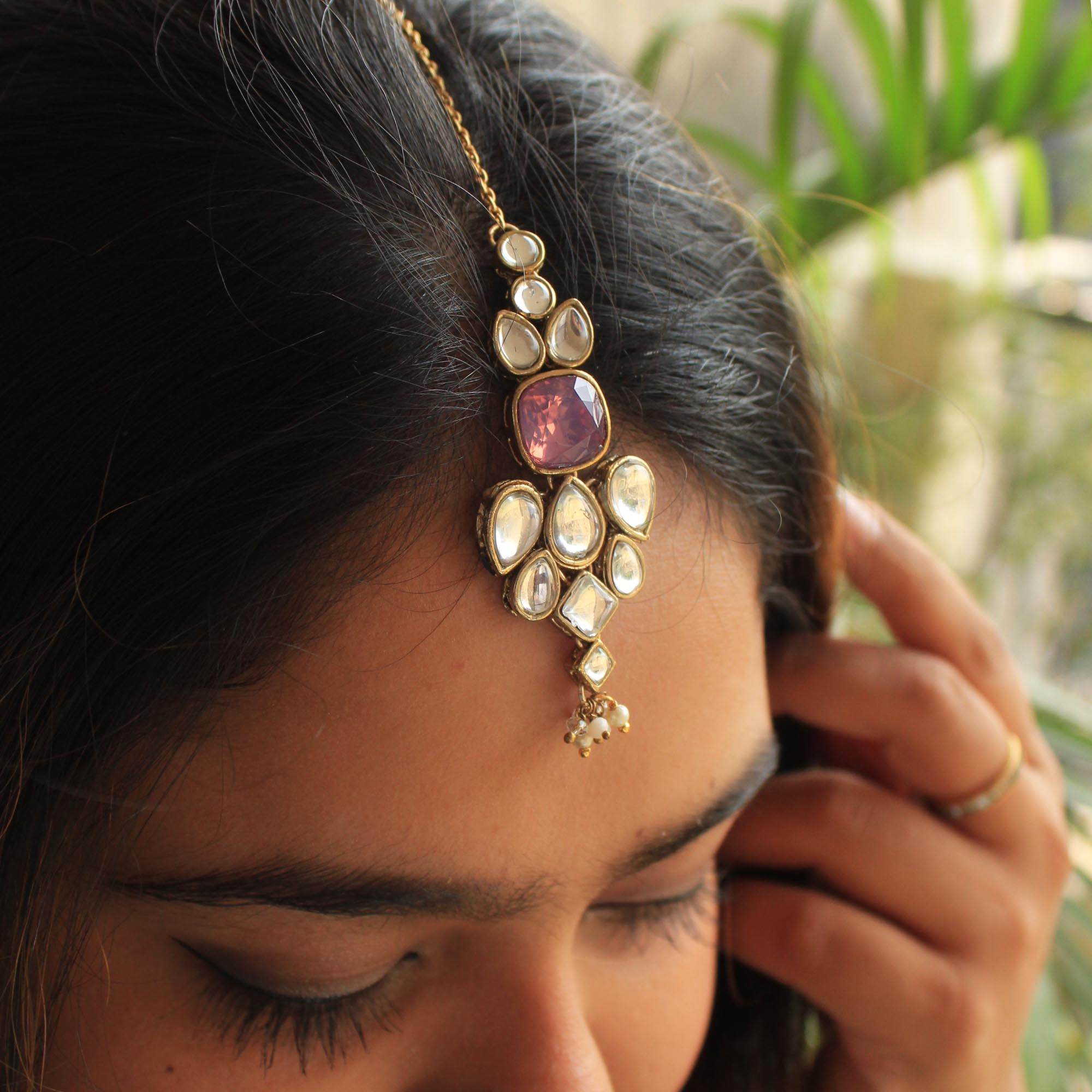 white glass kundan mangtika Beabhika Handmade Purple Artificial Jewelry Kundan Maangtikka Golden Maang Tikka With Pearls Kundan Wedding Jewelry Trendy Earrings Daily Wear Party Wear Traditional Ethnic Dress Jewelry Head Accessory Bridal Jewelry Set Online Cash On Delivery