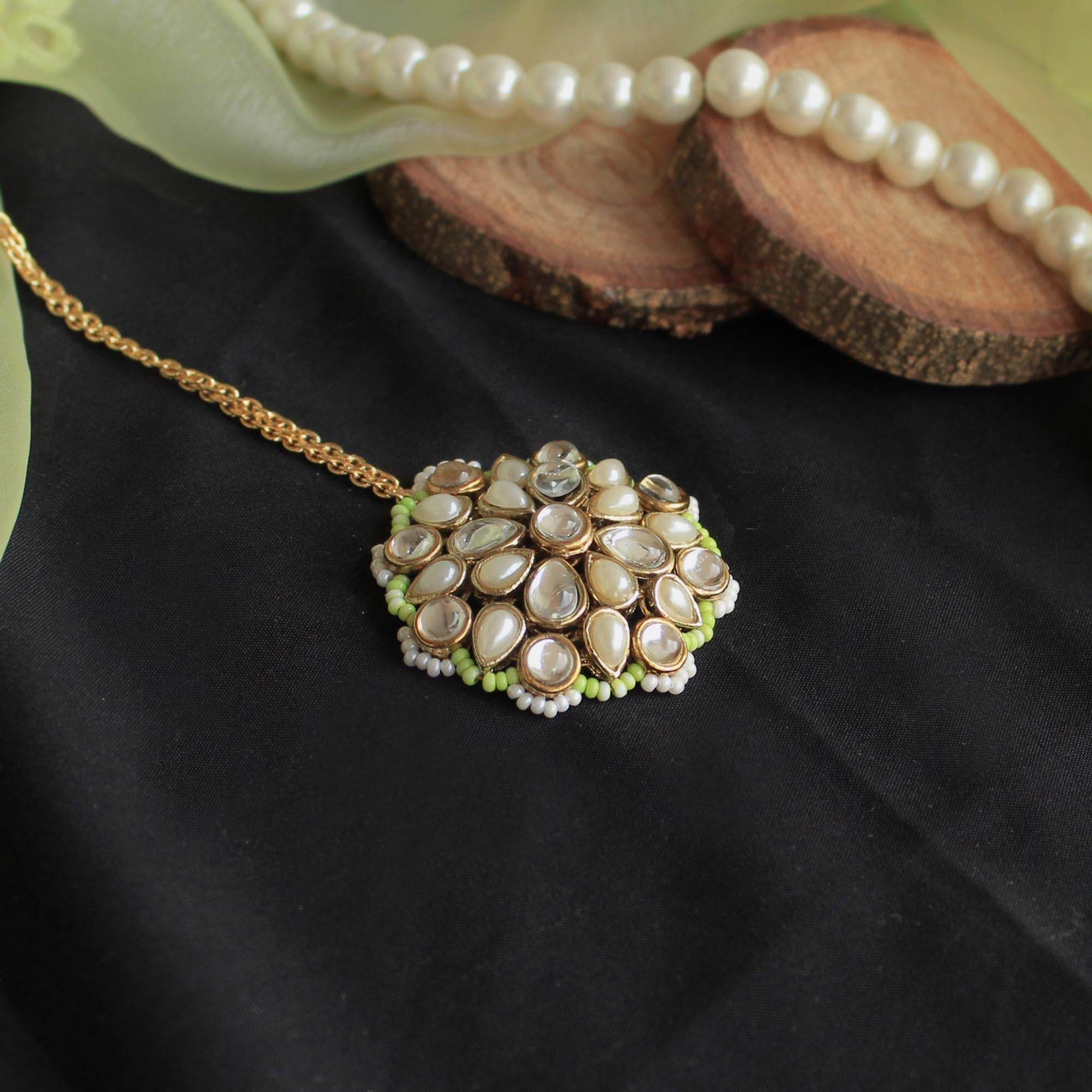 white glass kundan mangtika Beabhika Handmade Green Artificial Jewelry Kundan Maangtikka Golden Maang Tikka With Pearls Kundan Wedding Jewelry Trendy Earrings Daily Wear Party Wear Traditional Ethnic Dress Jewelry Head Accessory Bridal Jewelry Set Online Cash On Delivery