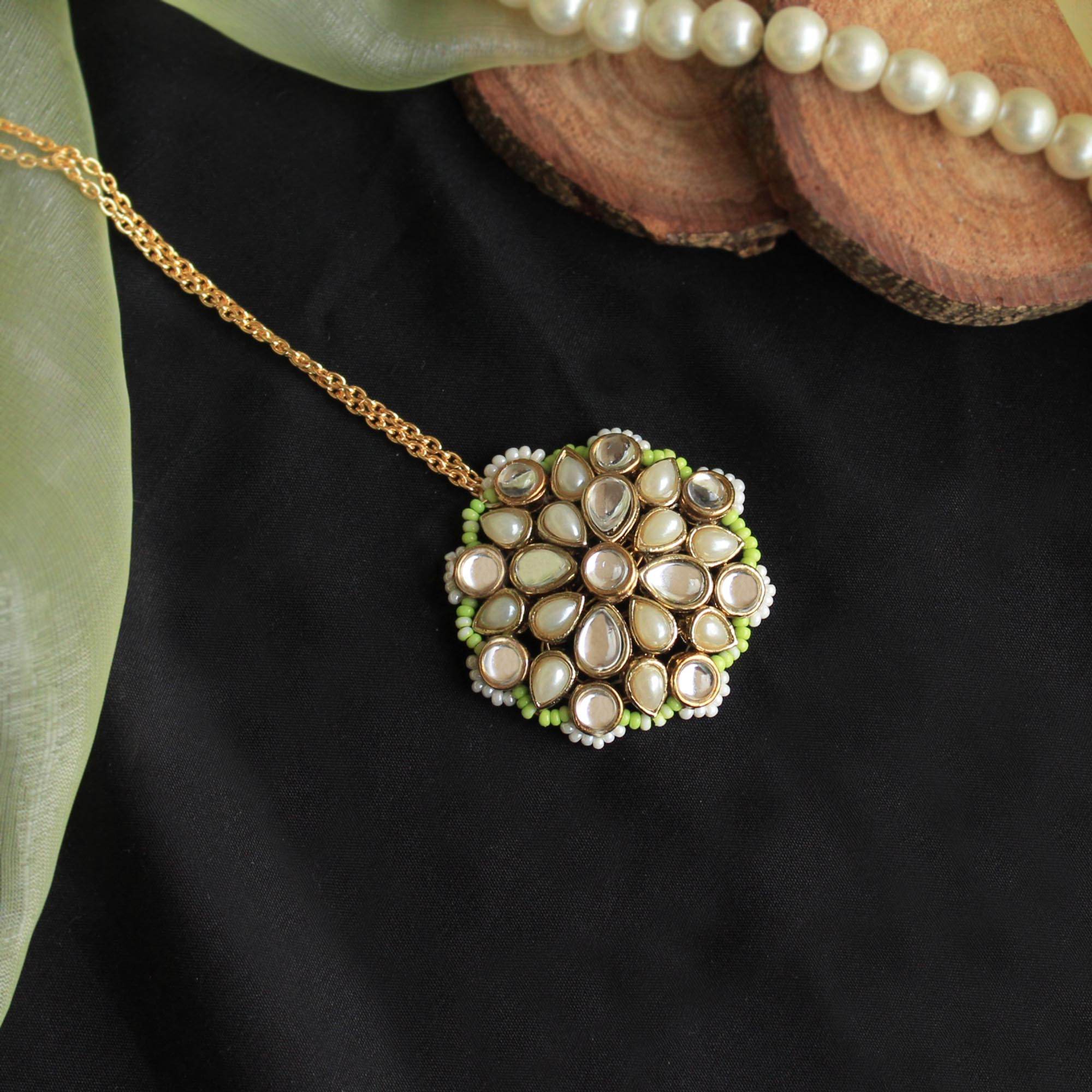 white glass kundan mangtika Beabhika Handmade Green Artificial Jewelry Kundan Maangtikka Golden Maang Tikka With Pearls Kundan Wedding Jewelry Trendy Earrings Daily Wear Party Wear Traditional Ethnic Dress Jewelry Head Accessory Bridal Jewelry Set Online Cash On Delivery