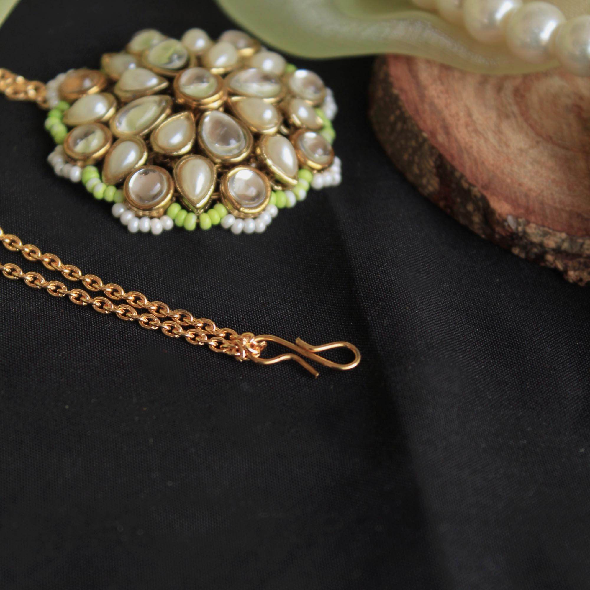 white glass kundan mangtika Beabhika Handmade Green Artificial Jewelry Kundan Maangtikka Golden Maang Tikka With Pearls Kundan Wedding Jewelry Trendy Earrings Daily Wear Party Wear Traditional Ethnic Dress Jewelry Head Accessory Bridal Jewelry Set Online Cash On Delivery