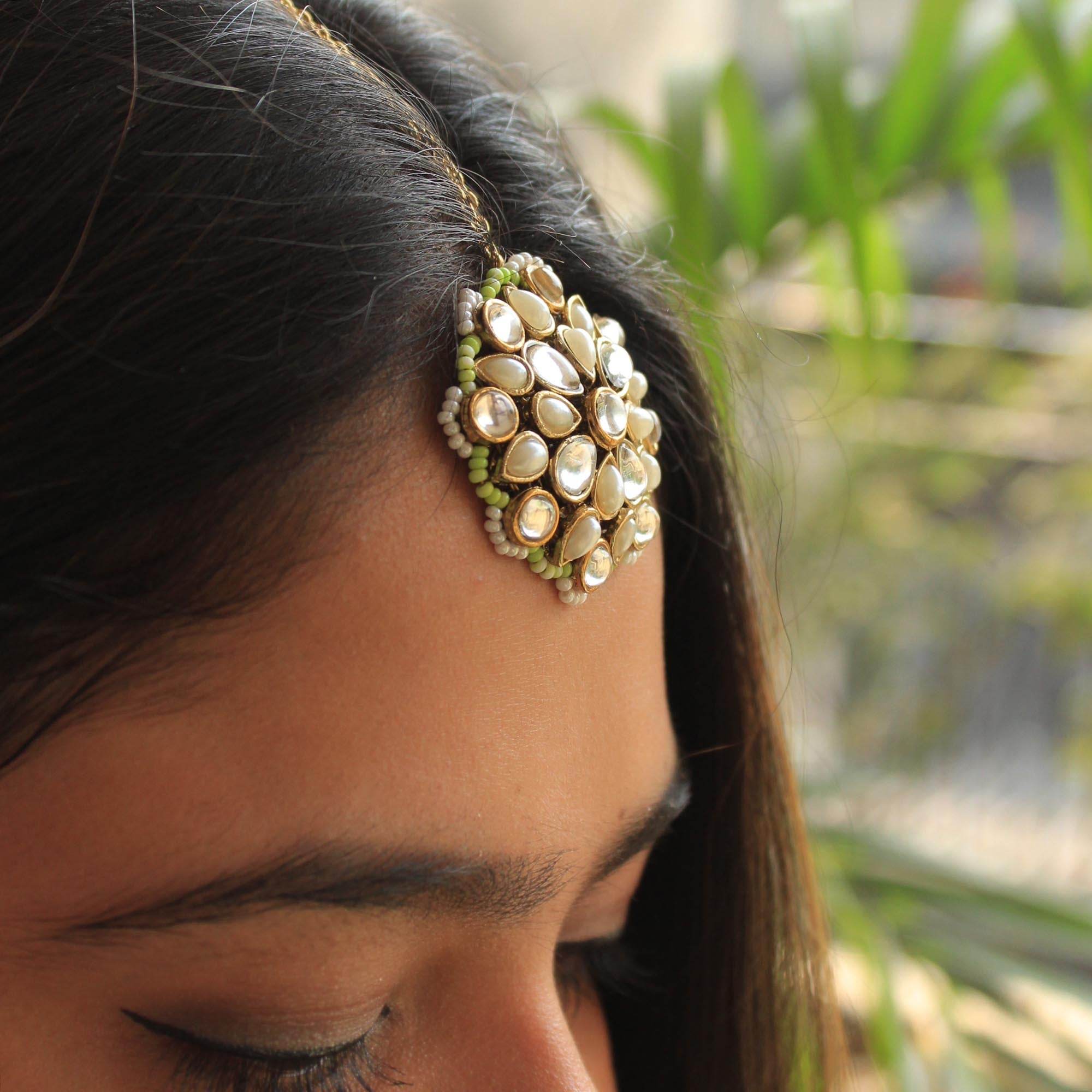 white glass kundan mangtika Beabhika Handmade Green Artificial Jewelry Kundan Maangtikka Golden Maang Tikka With Pearls Kundan Wedding Jewelry Trendy Earrings Daily Wear Party Wear Traditional Ethnic Dress Jewelry Head Accessory Bridal Jewelry Set Online Cash On Delivery