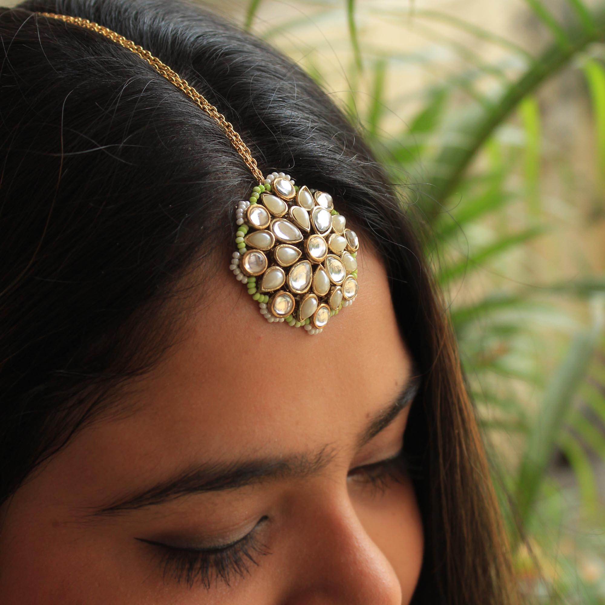 white glass kundan mangtika Beabhika Handmade Green Artificial Jewelry Kundan Maangtikka Golden Maang Tikka With Pearls Kundan Wedding Jewelry Trendy Earrings Daily Wear Party Wear Traditional Ethnic Dress Jewelry Head Accessory Bridal Jewelry Set Online Cash On Delivery