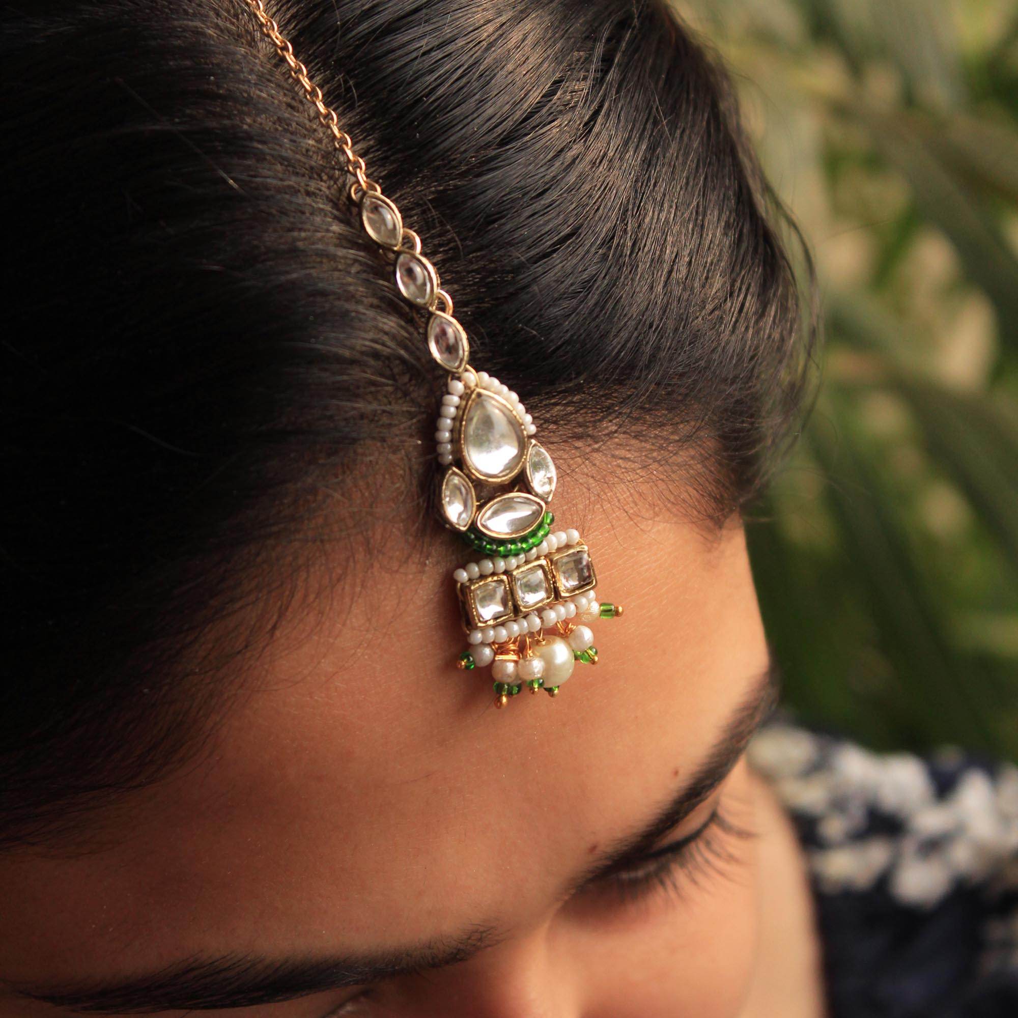 Beabhika Handmade Green Artificial Jewelry Kundan Maangtikka Golden Maang Tikka With Pearls Kundan Wedding Jewelry Trendy Earrings Daily Wear Party Wear Traditional Ethnic Dress Jewelry Head Accessory Bridal Jewelry Set Online Cash On Delivery