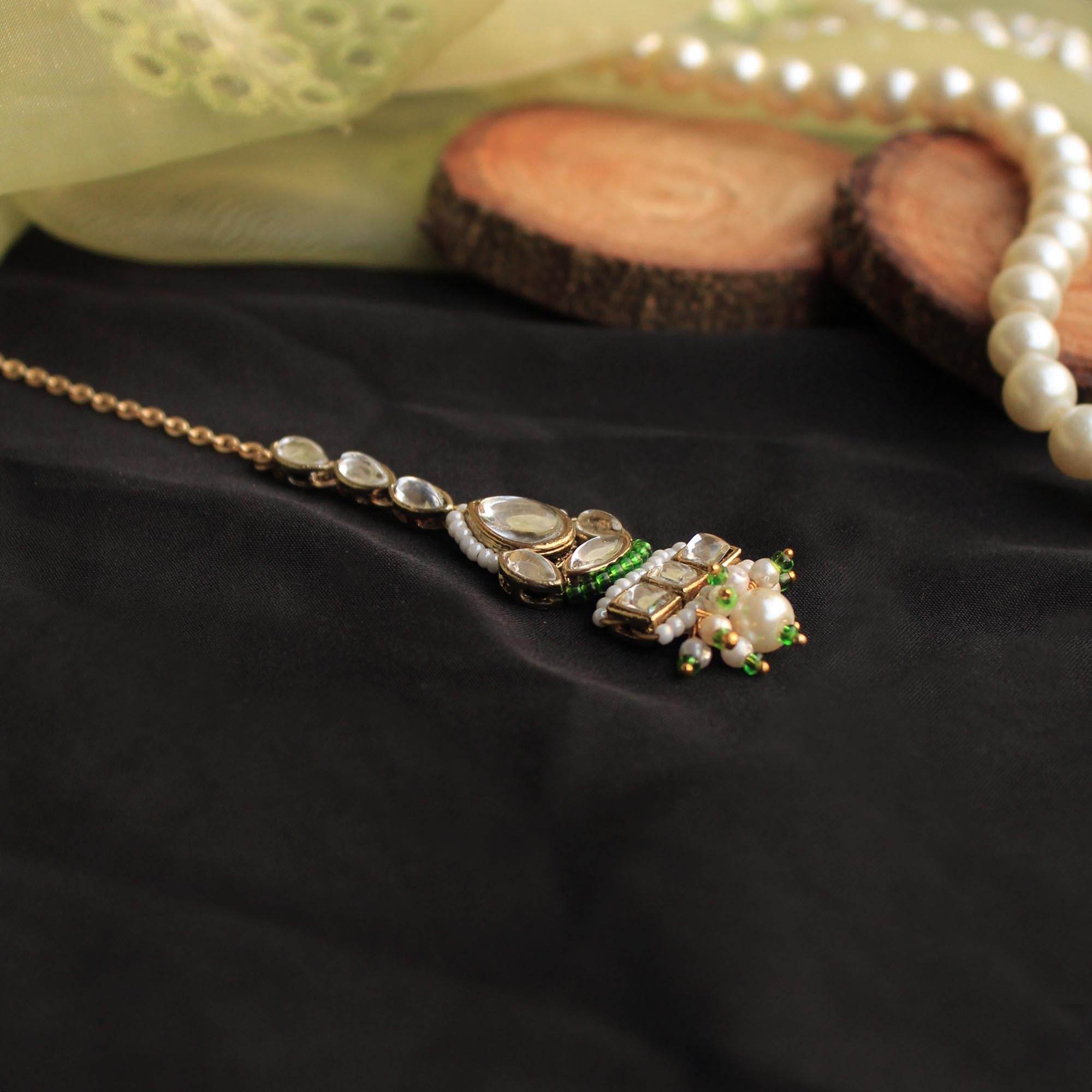 Beabhika Handmade Green Artificial Jewelry Kundan Maangtikka Golden Maang Tikka With Pearls Kundan Wedding Jewelry Trendy Earrings Daily Wear Party Wear Traditional Ethnic Dress Jewelry Head Accessory Bridal Jewelry Set Online Cash On Delivery