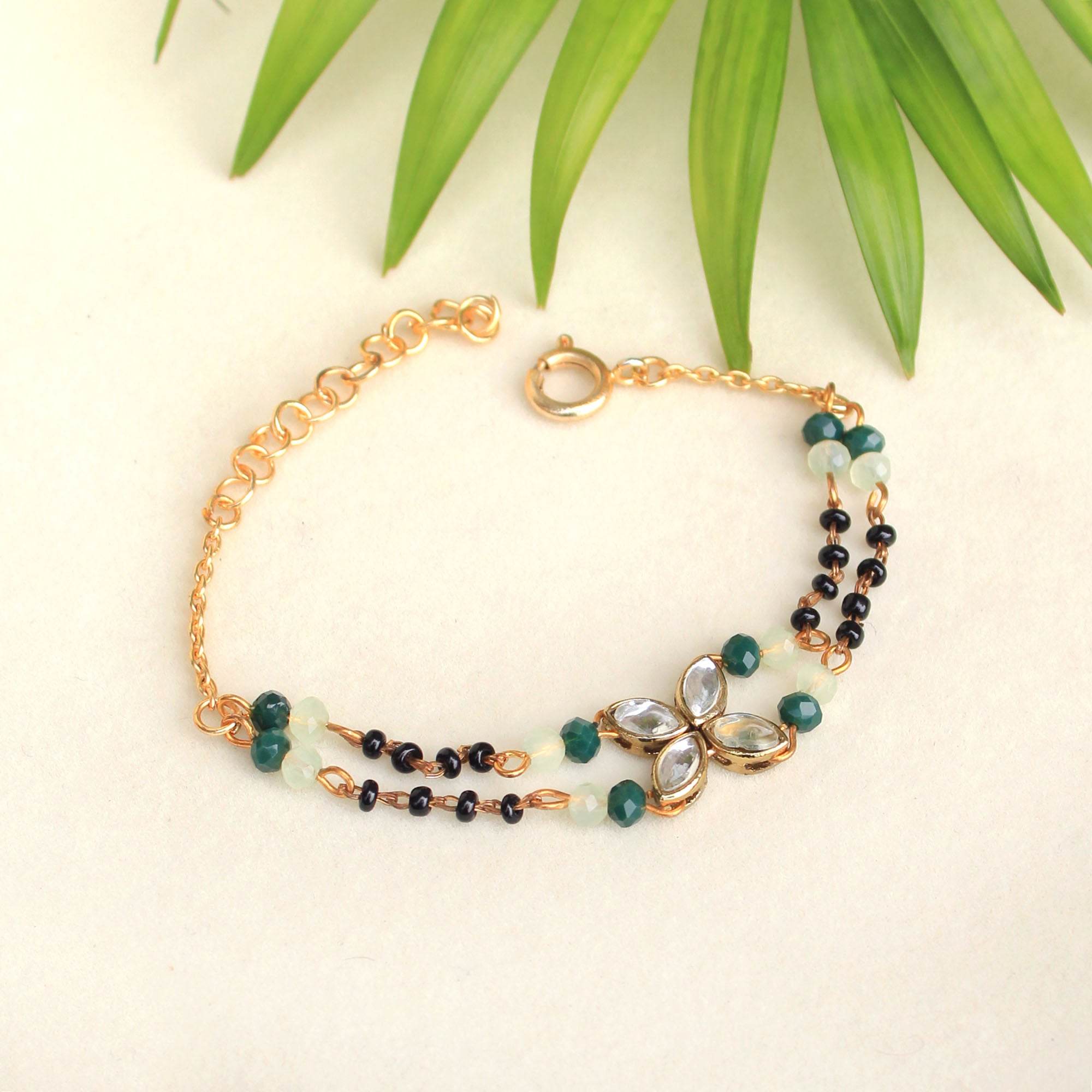 white glass kundan green, balck beads & mixed alloy