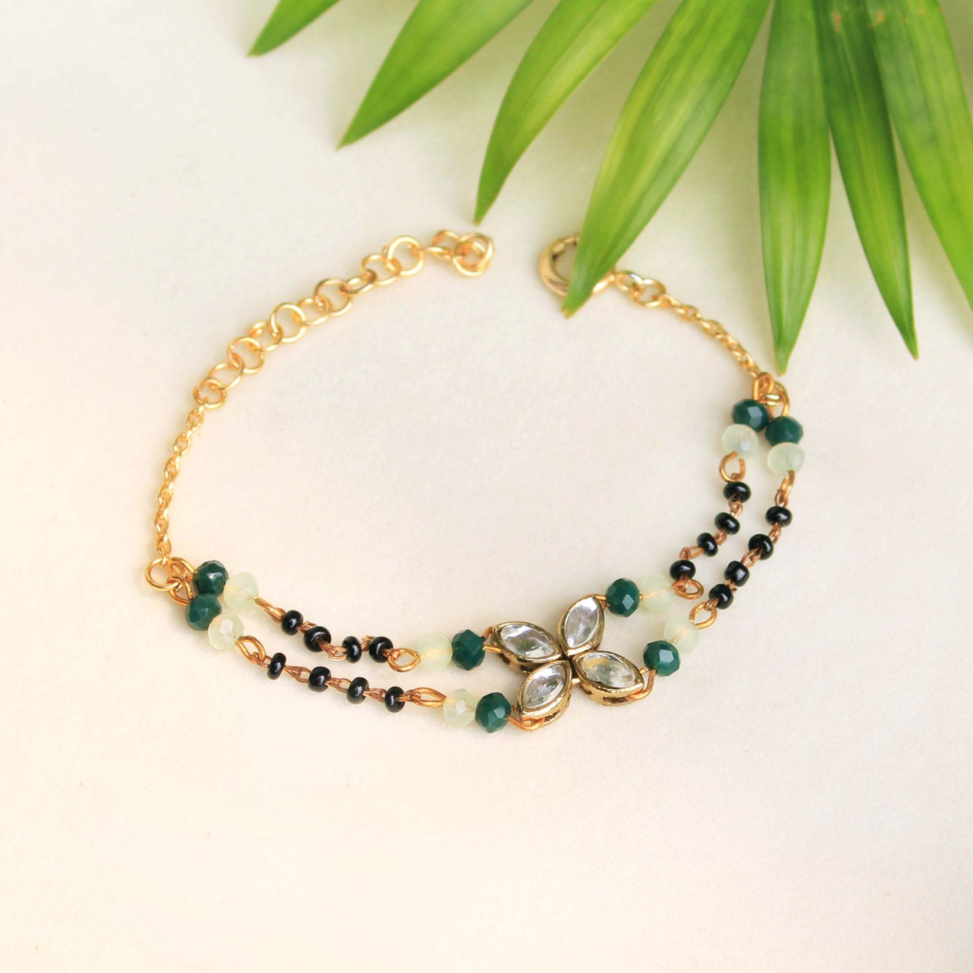 white glass kundan green, balck beads & mixed alloy