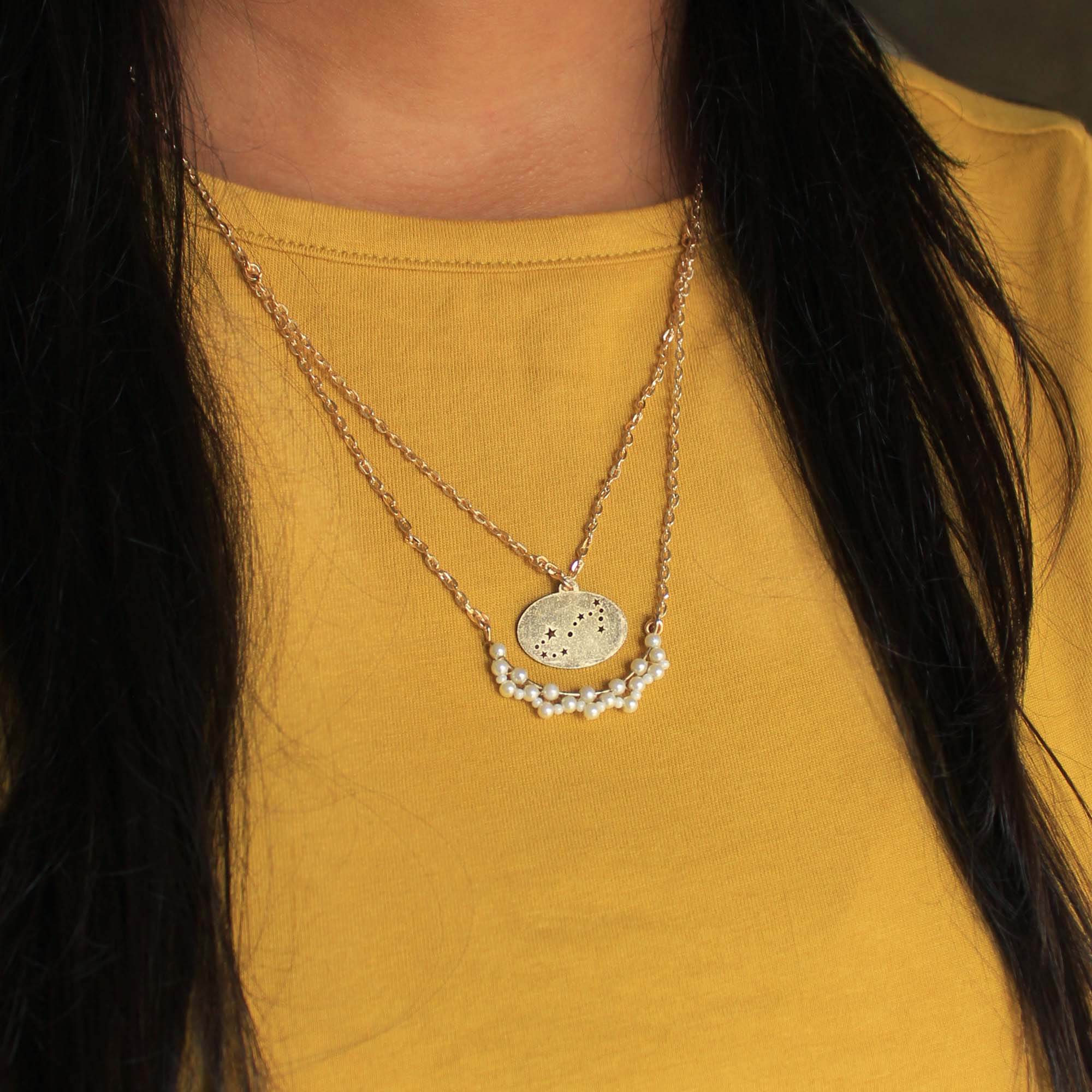 Pearl Crescent Celestial Zodiac Charm Necklace - BeAbhika.com
