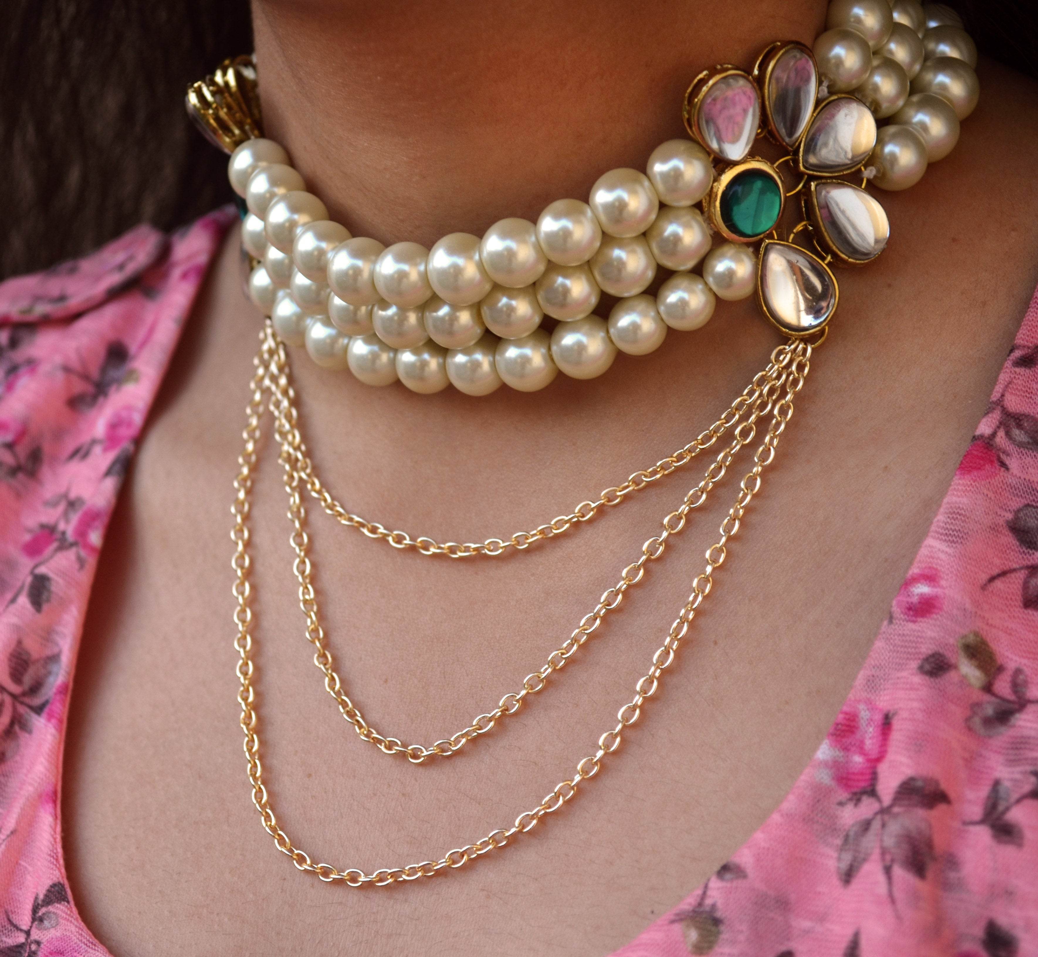 Kundan choker set in gold-tone with matching earrings and long bridal necklace, perfect for wedding functions , festive and bridal wear