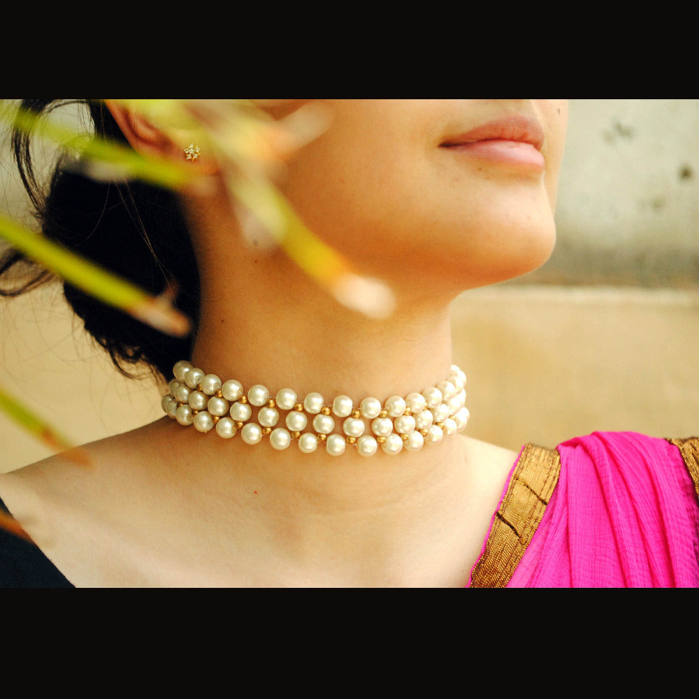 Kundan choker set in gold-tone with matching earrings and long bridal necklace, perfect for wedding functions , festive and bridal wear