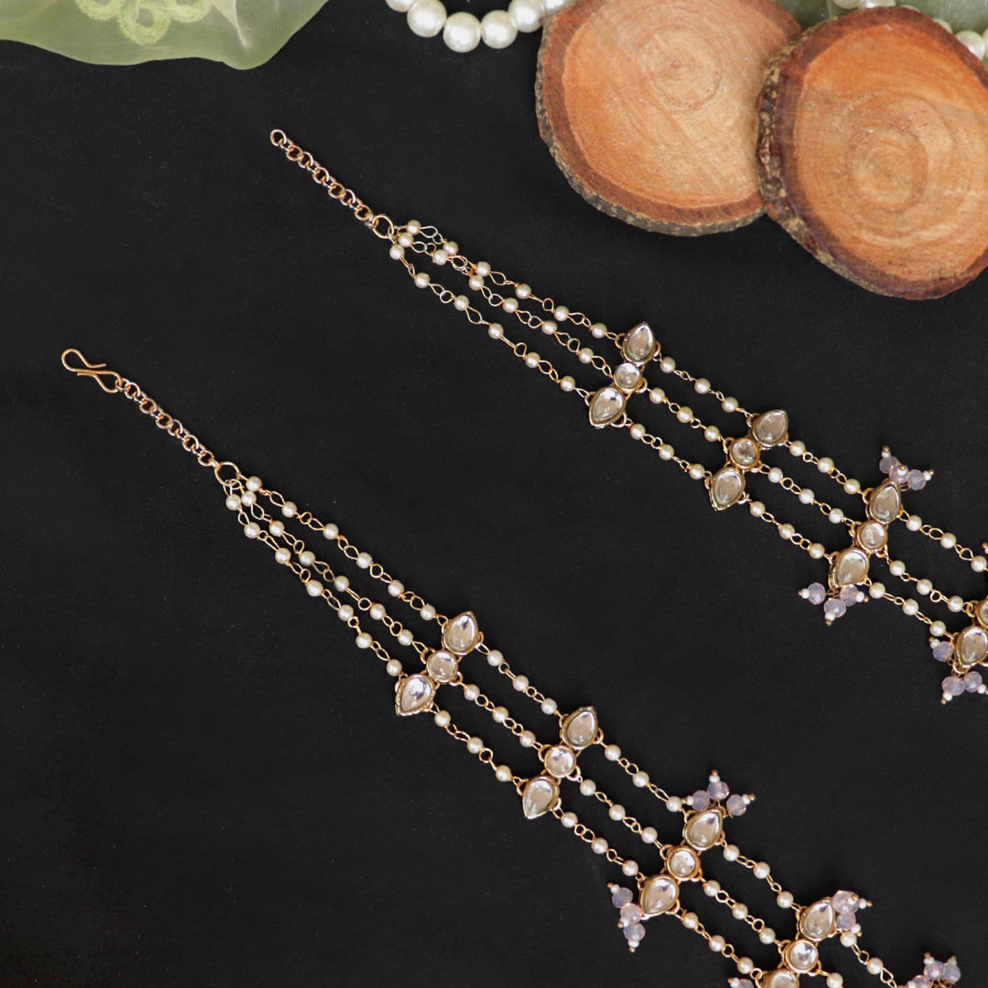 Kundan choker set in gold-tone with matching earrings and long bridal necklace, perfect for wedding functions , festive and bridal wear