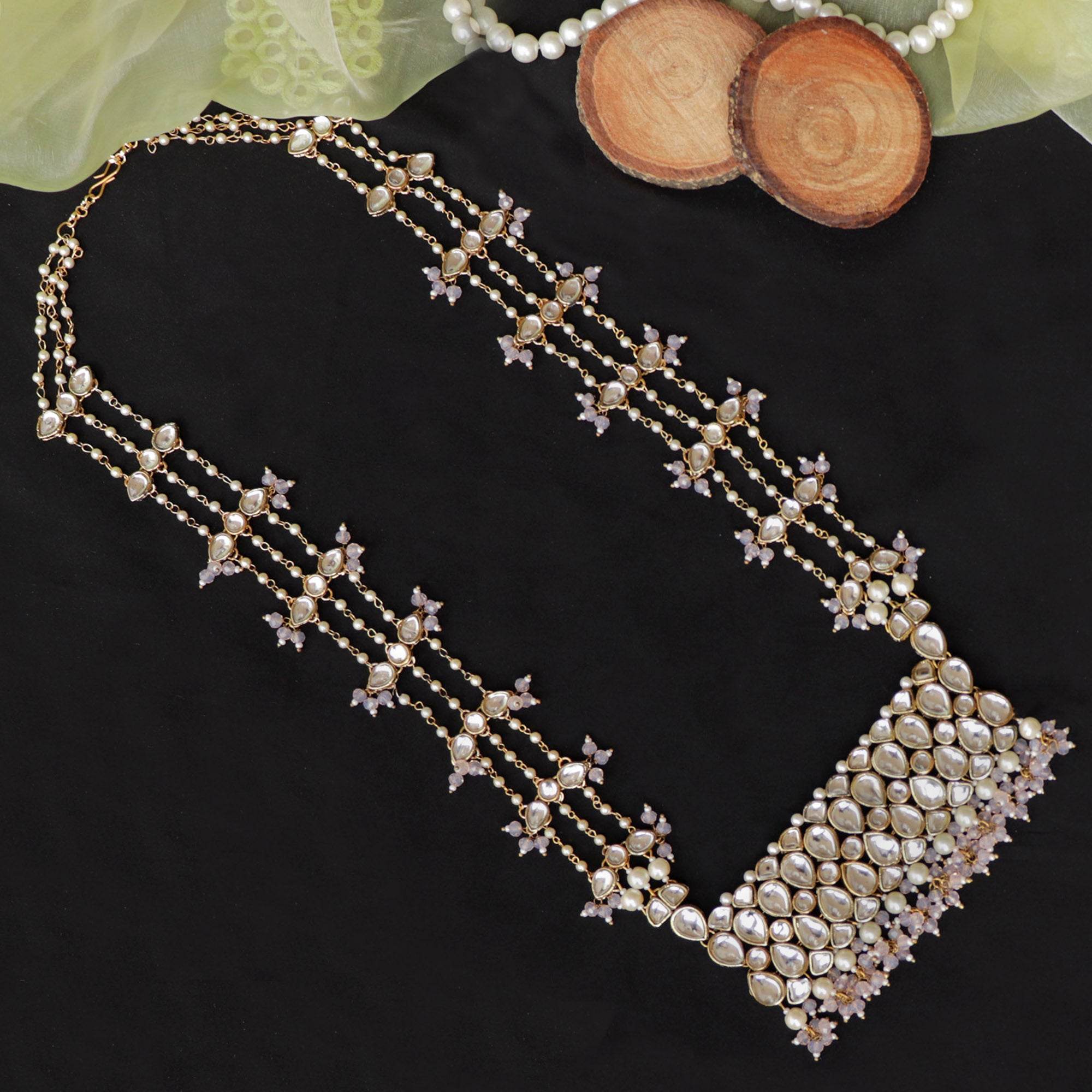 Kundan choker set in gold-tone with matching earrings and long bridal necklace, perfect for wedding functions , festive and bridal wear