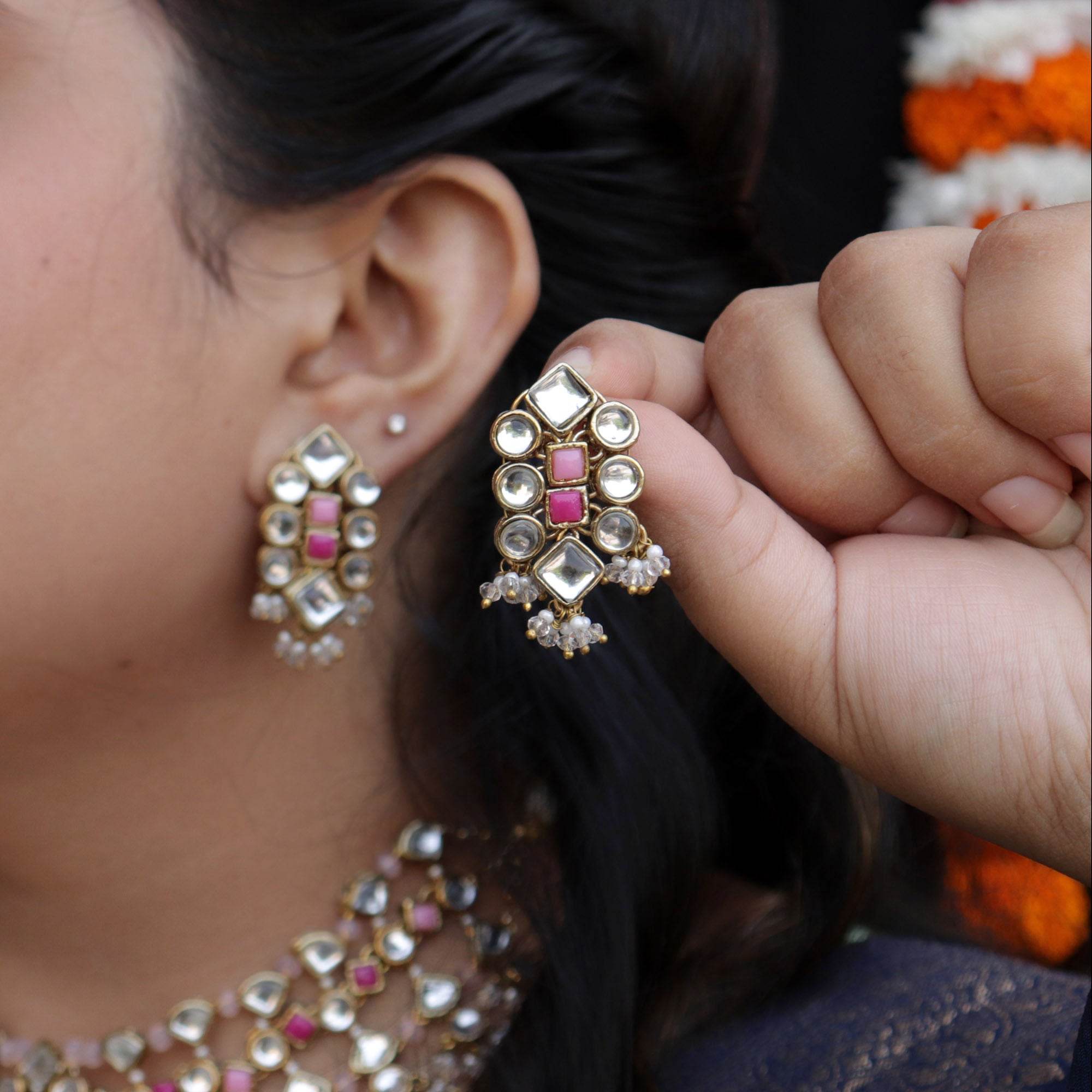 Kundan choker set in gold-tone with matching earrings and long bridal necklace, perfect for wedding functions , festive and bridal wear