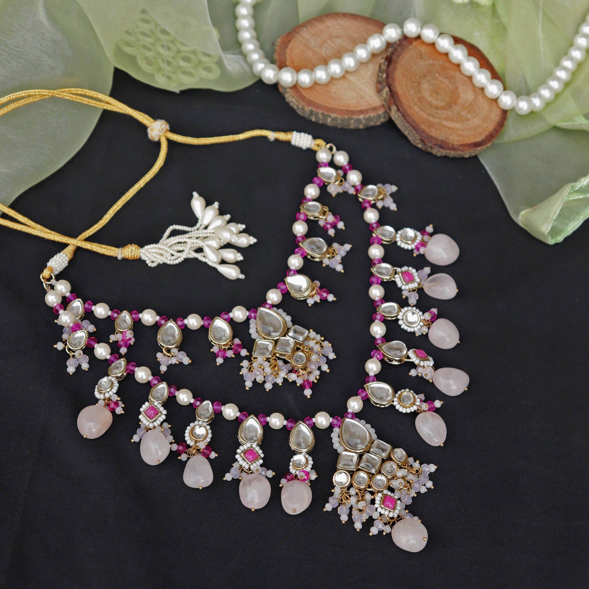Beabhika Handmade Artificial Jewelry Pink Color Stones Kundan Necklace Gold Tone Kundan Choker Neckalce Set With Matching Earrings Kundan Jewelry Set Rose Quartz Stones Necklace With Same Style Earrings Available On COD In India Delhi Express Shipping Jewelry Heavy Necklace Set For Indian Party Ethnic Dress Matching Heavy Work Gold Plated Necklace Traditional Heeramandi Style Jewelry