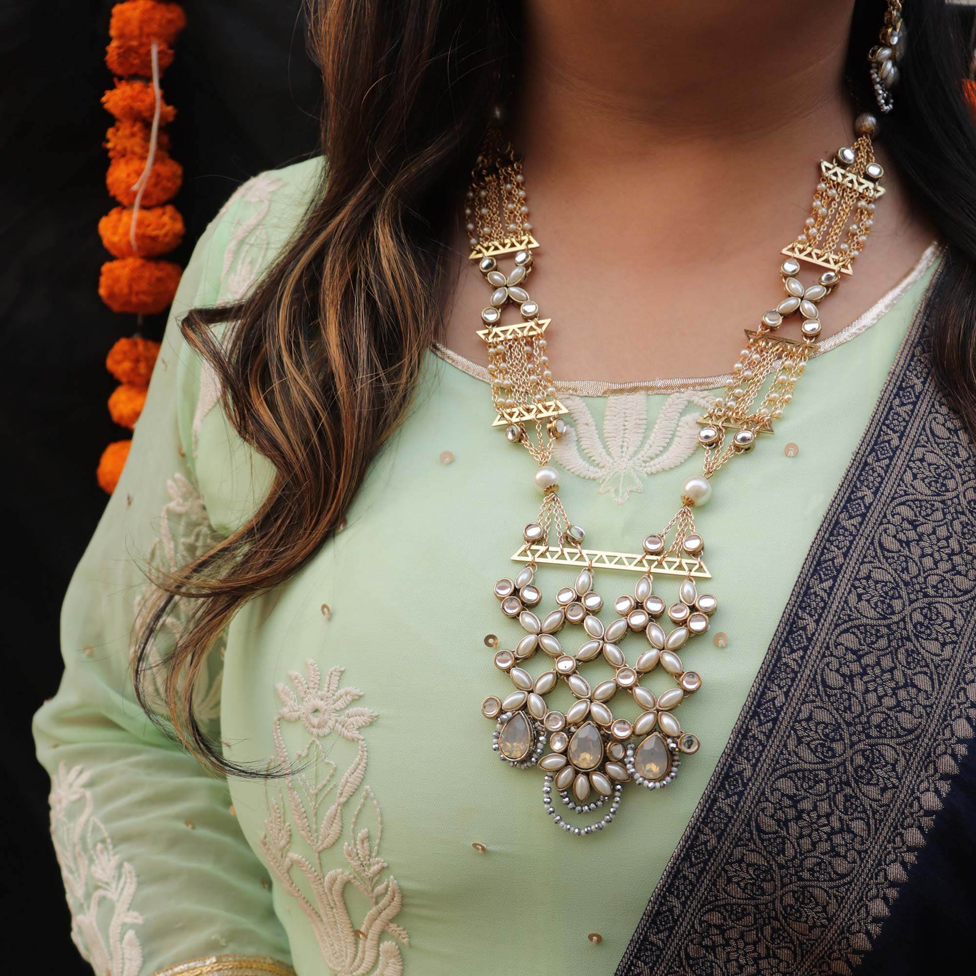 Kundan choker set in gold-tone with matching earrings and long bridal necklace, perfect for wedding functions , festive and bridal wear