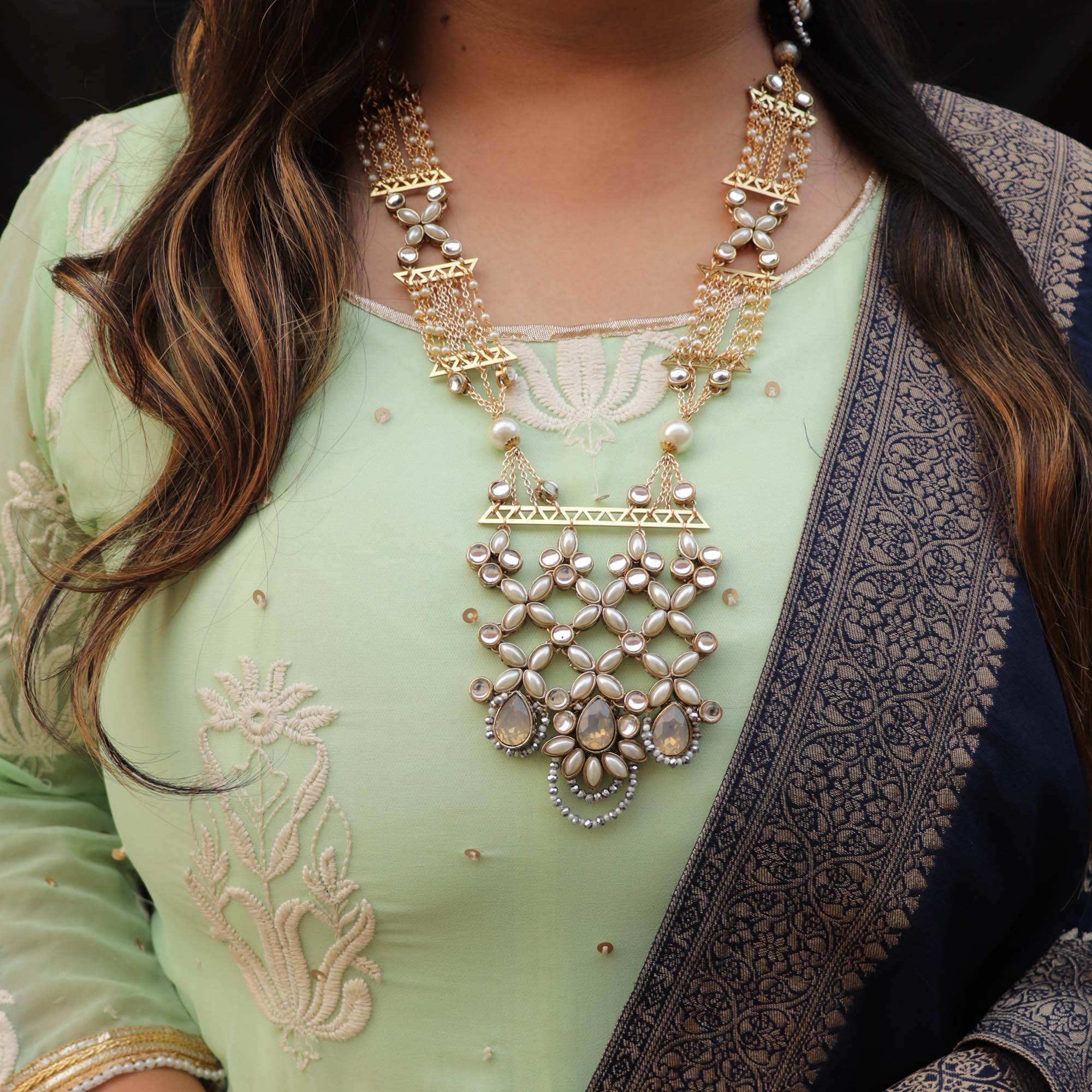 Kundan choker set in gold-tone with matching earrings and long bridal necklace, perfect for wedding functions , festive and bridal wear