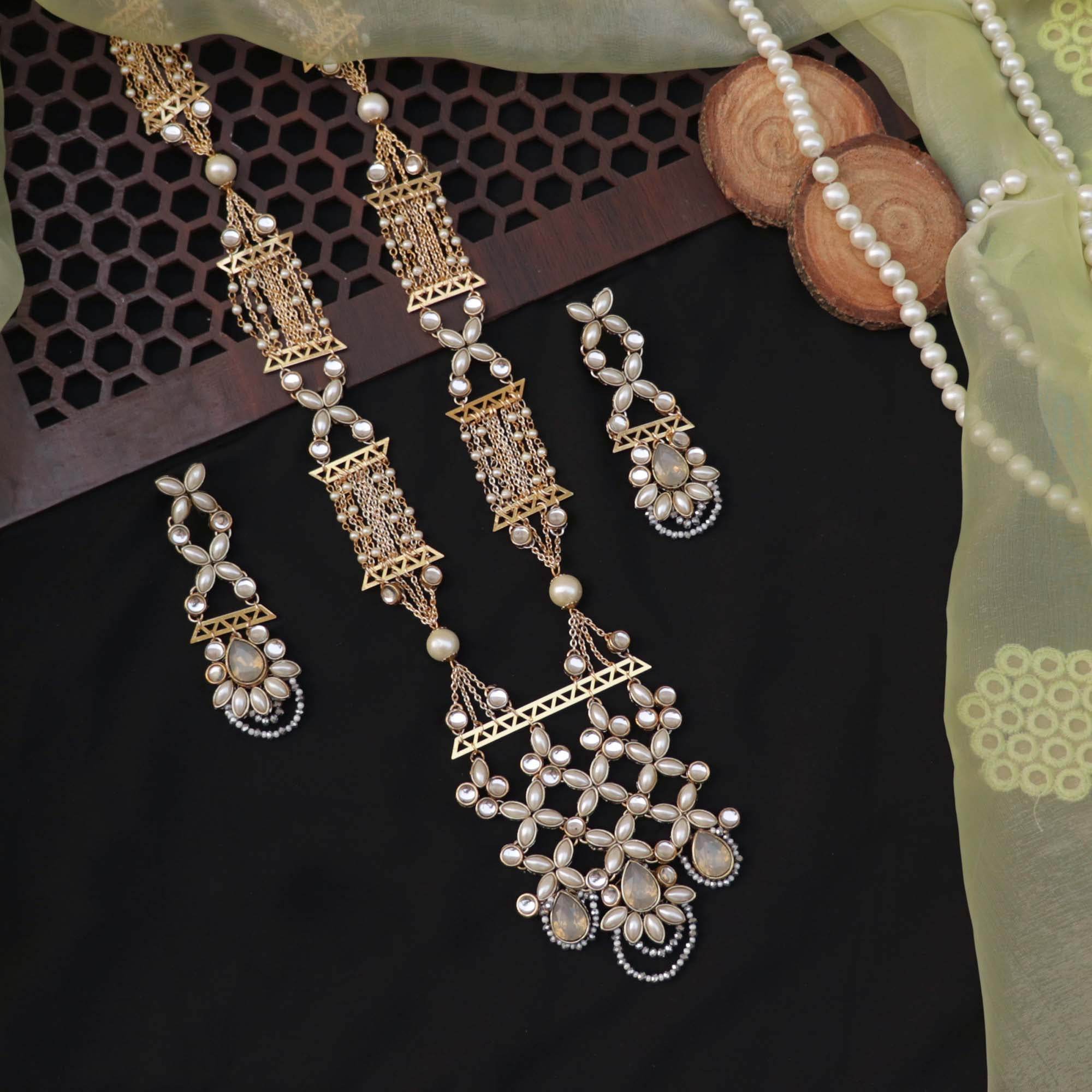 Kundan choker set in gold-tone with matching earrings and long bridal necklace, perfect for wedding functions , festive and bridal wear