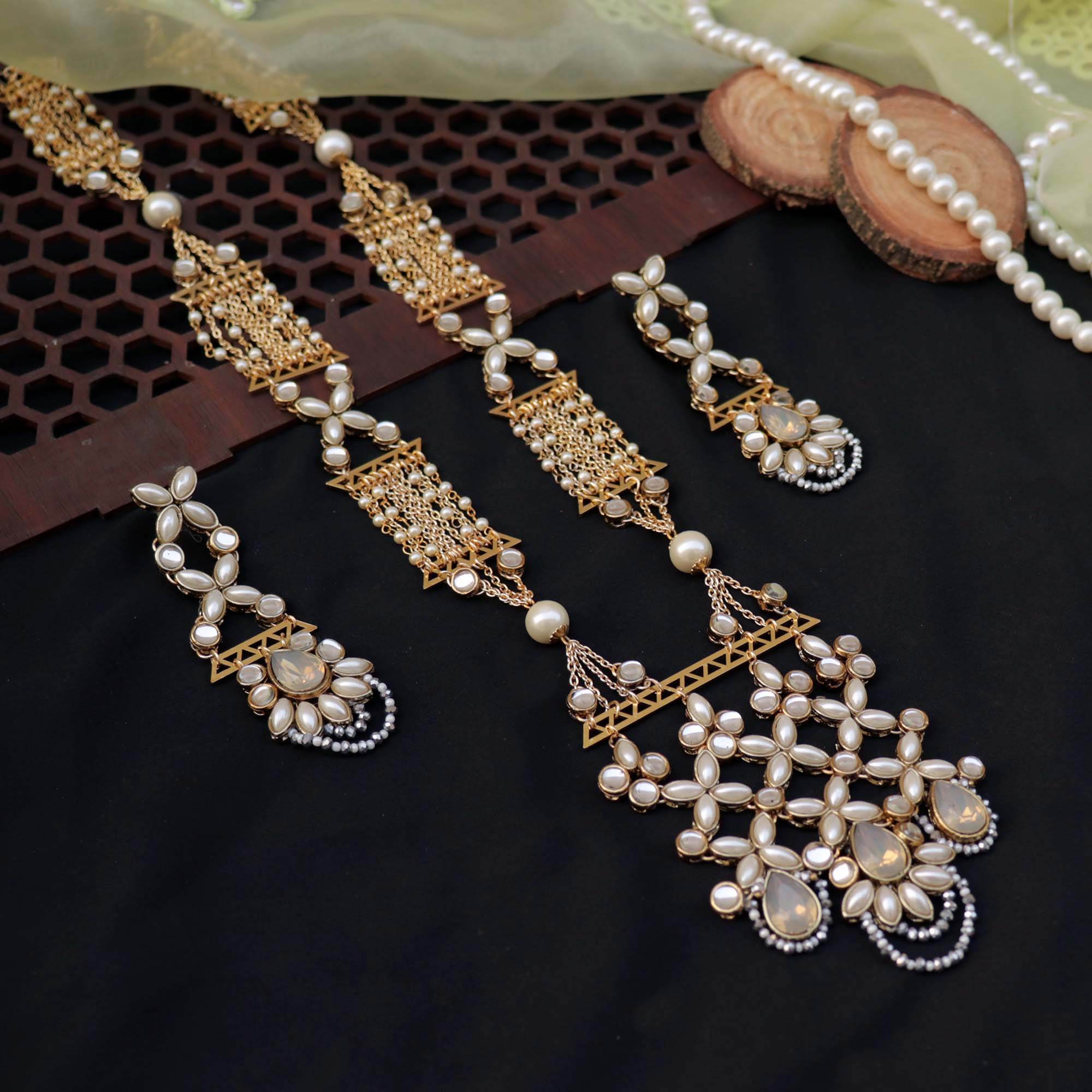 Kundan choker set in gold-tone with matching earrings and long bridal necklace, perfect for wedding functions , festive and bridal wear