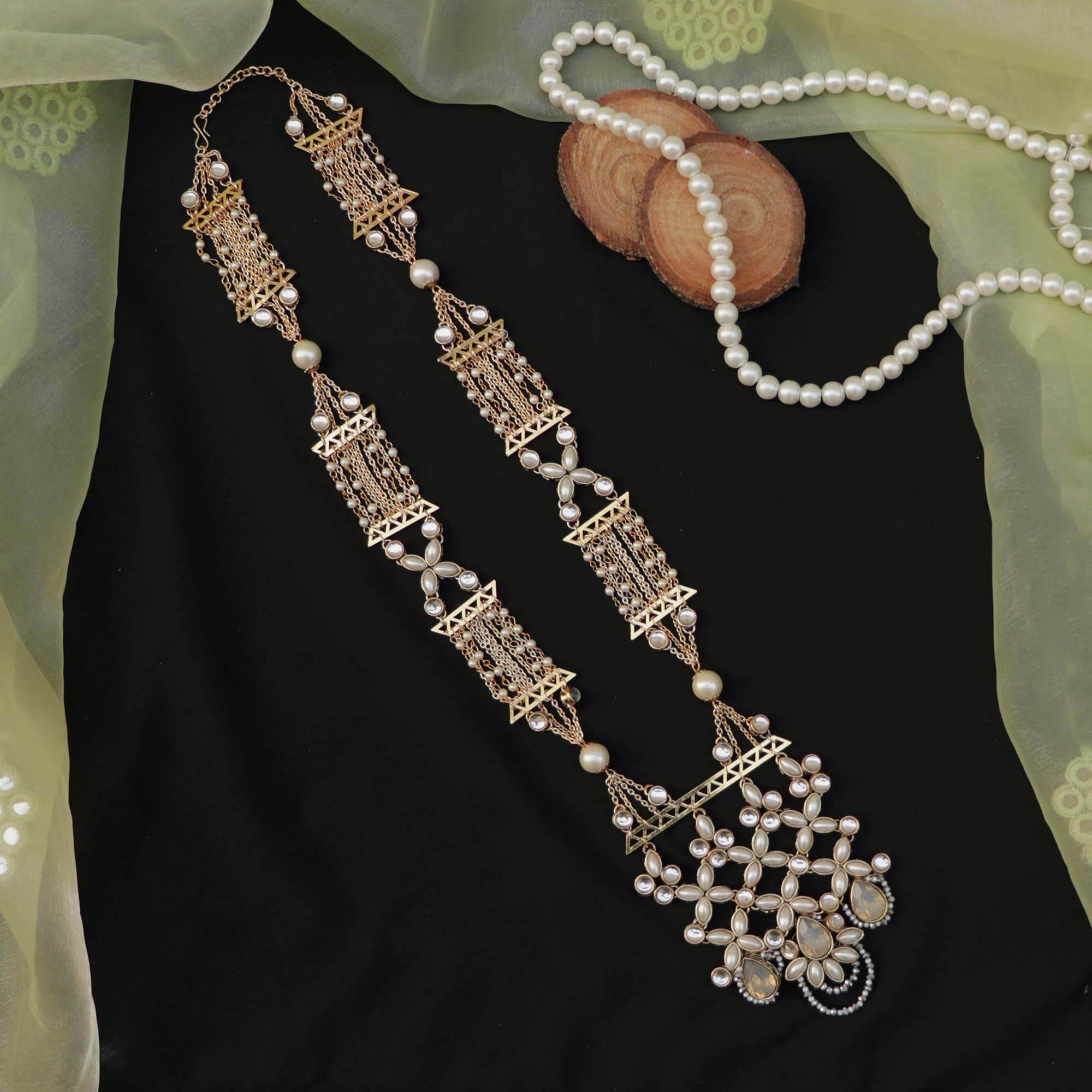 Kundan choker set in gold-tone with matching earrings and long bridal necklace, perfect for wedding functions , festive and bridal wear
