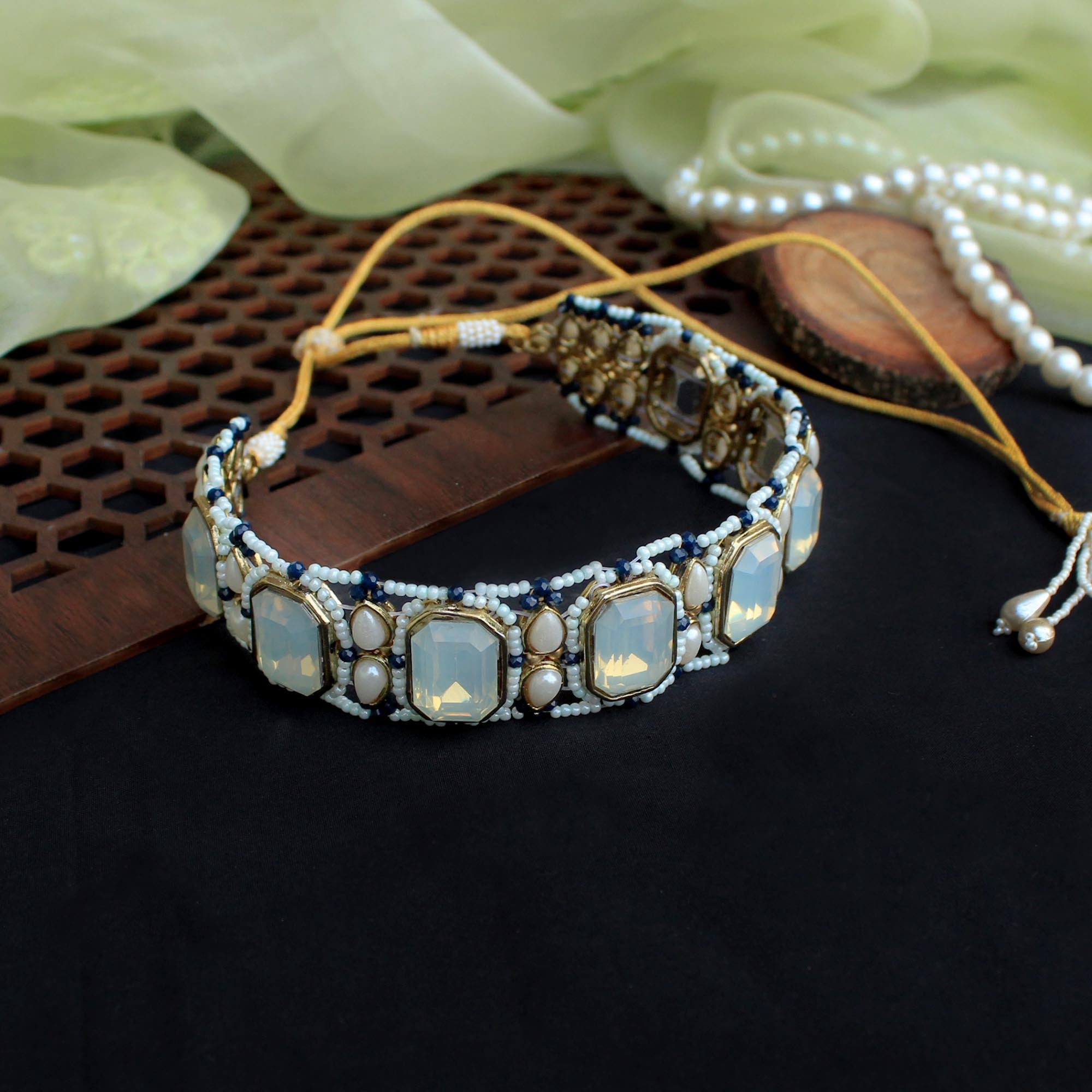 white glass kundan headmade choker necklace with matching earrings
