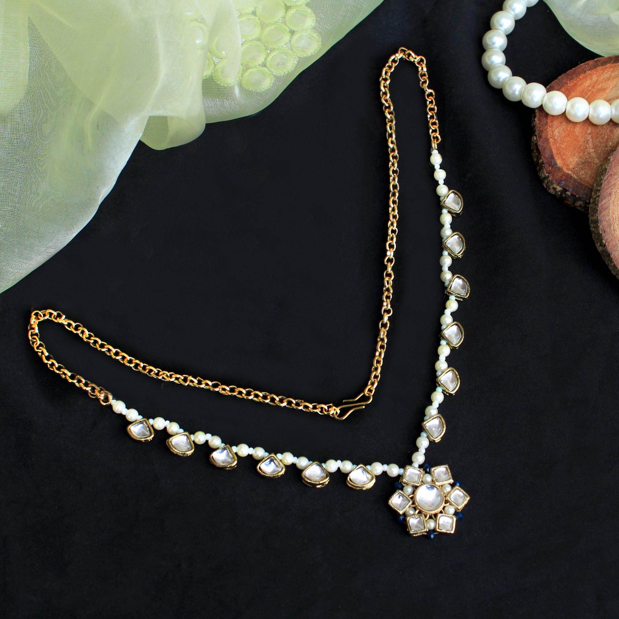 Kundan choker set in gold-tone with matching earrings and long bridal necklace, perfect for wedding functions , festive and bridal wear