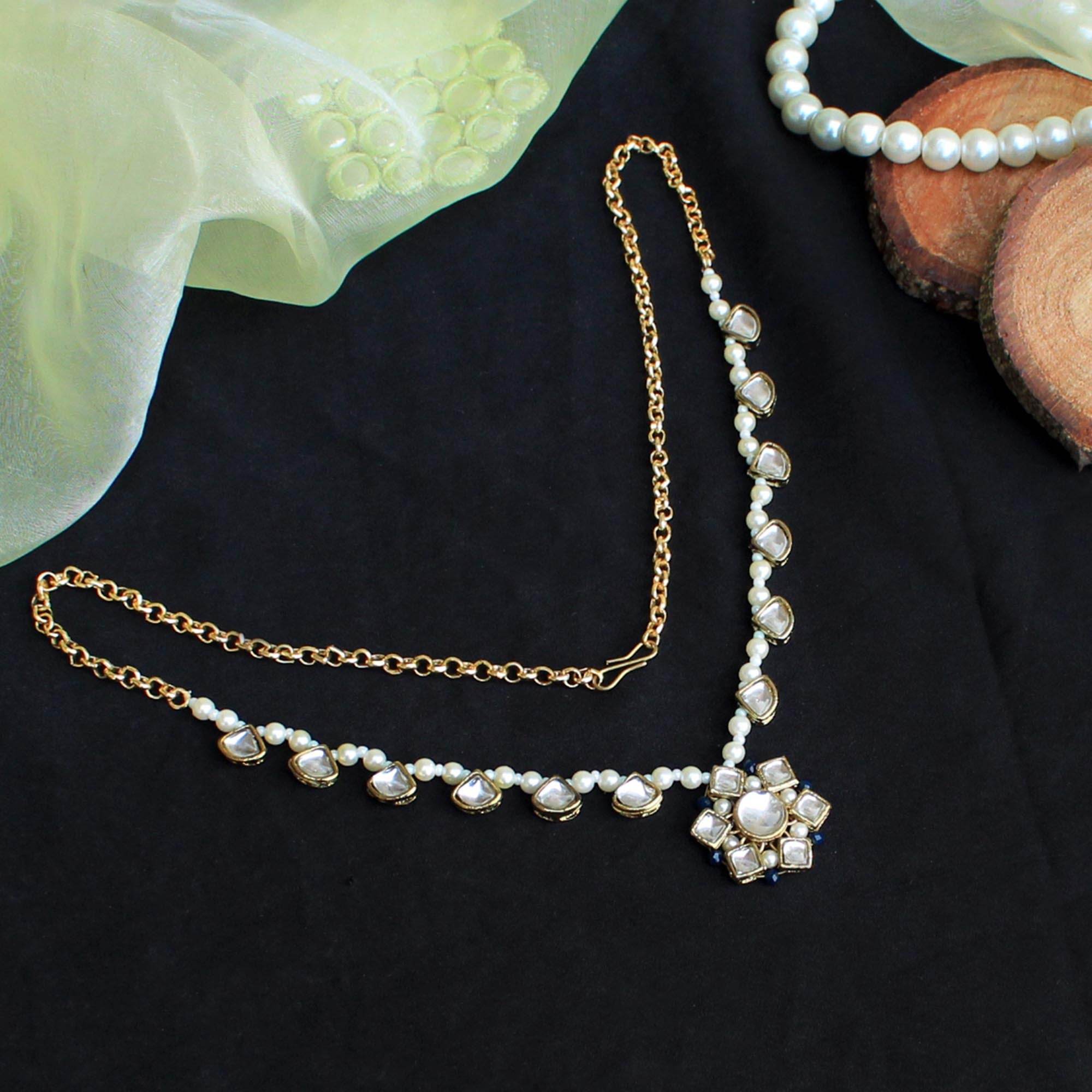 Kundan choker set in gold-tone with matching earrings and long bridal necklace, perfect for wedding functions , festive and bridal wear