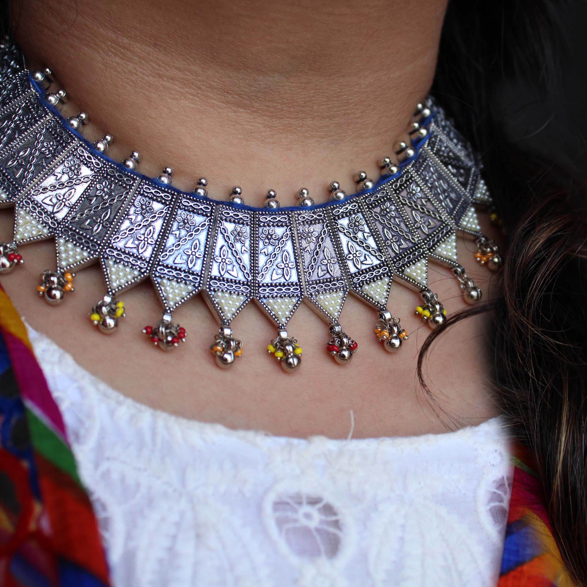 Oxidized necklaces with matching earrings perfect for dandia night designer navratri jewelry colorful necklaces