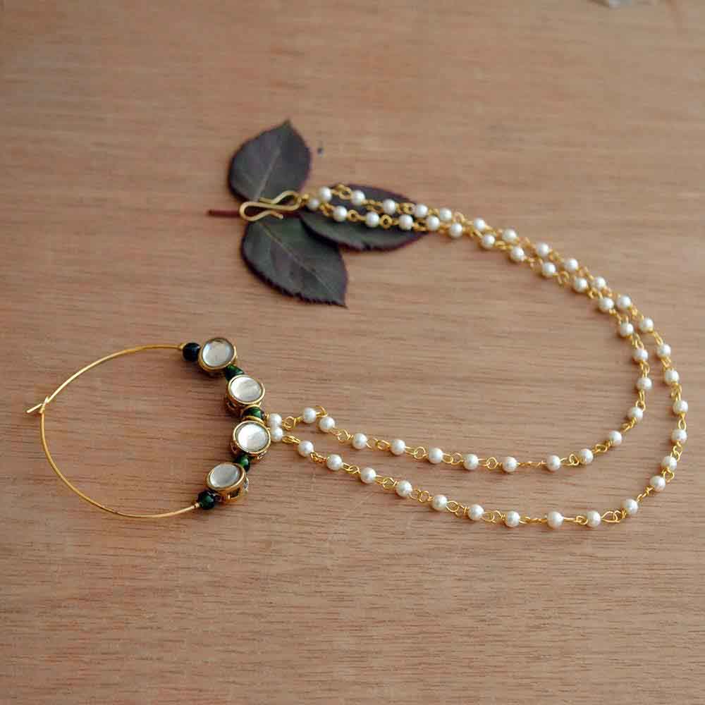 white pearl glass kundan rhyme nath Beabhika Kundan Handmade Golden Nath Pierced Nose Green Nath With Hair Chain Kundan Nose Ring With Hair Chain White Pearls Chain Nose Jewelry Traditional Bridal Jewelry Designer Nath Online Cash On Delivery