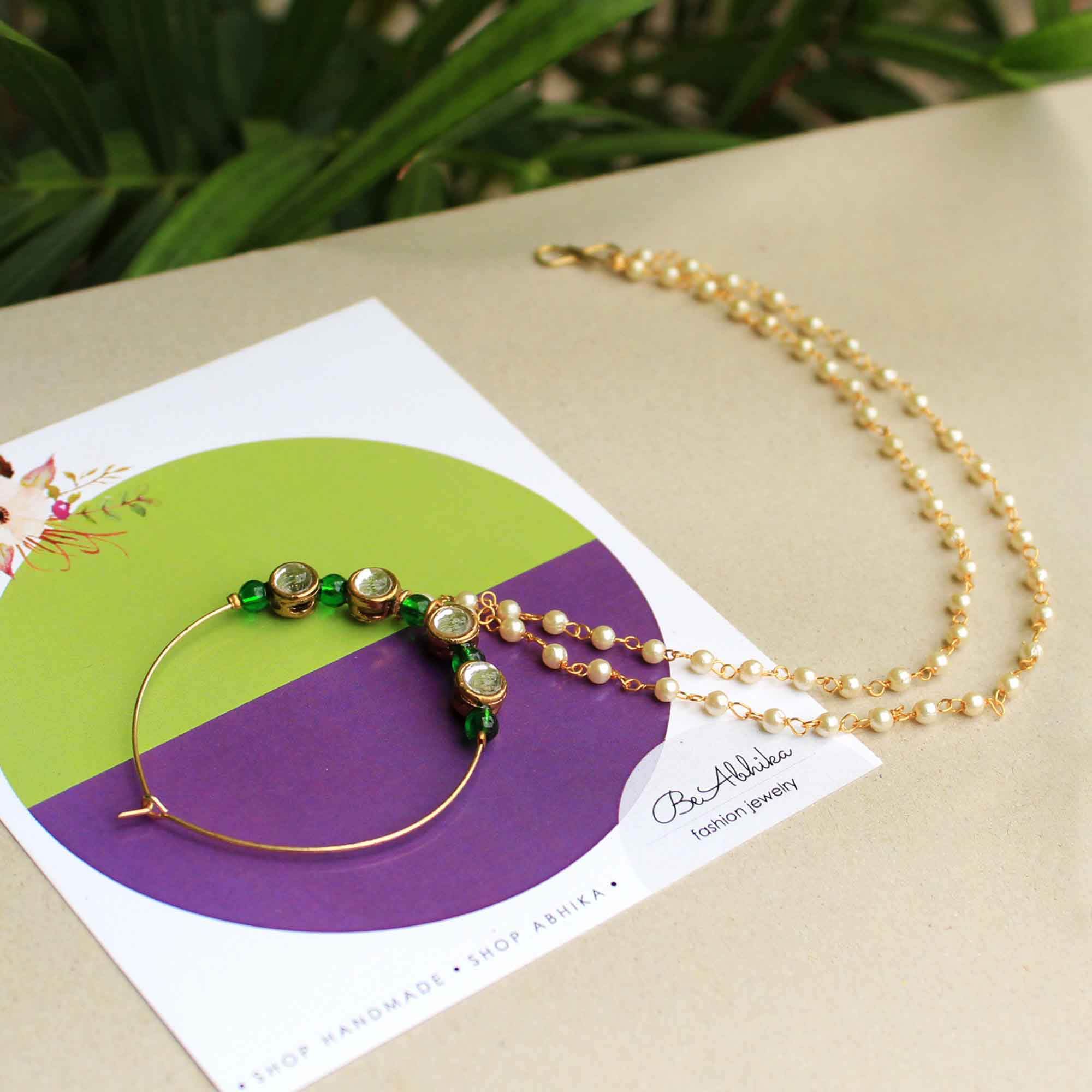 Traditional Indian bridal nath with kundan stones, Green beads, and pearl hair chain Indian Nathiya Nathani Nose Ring