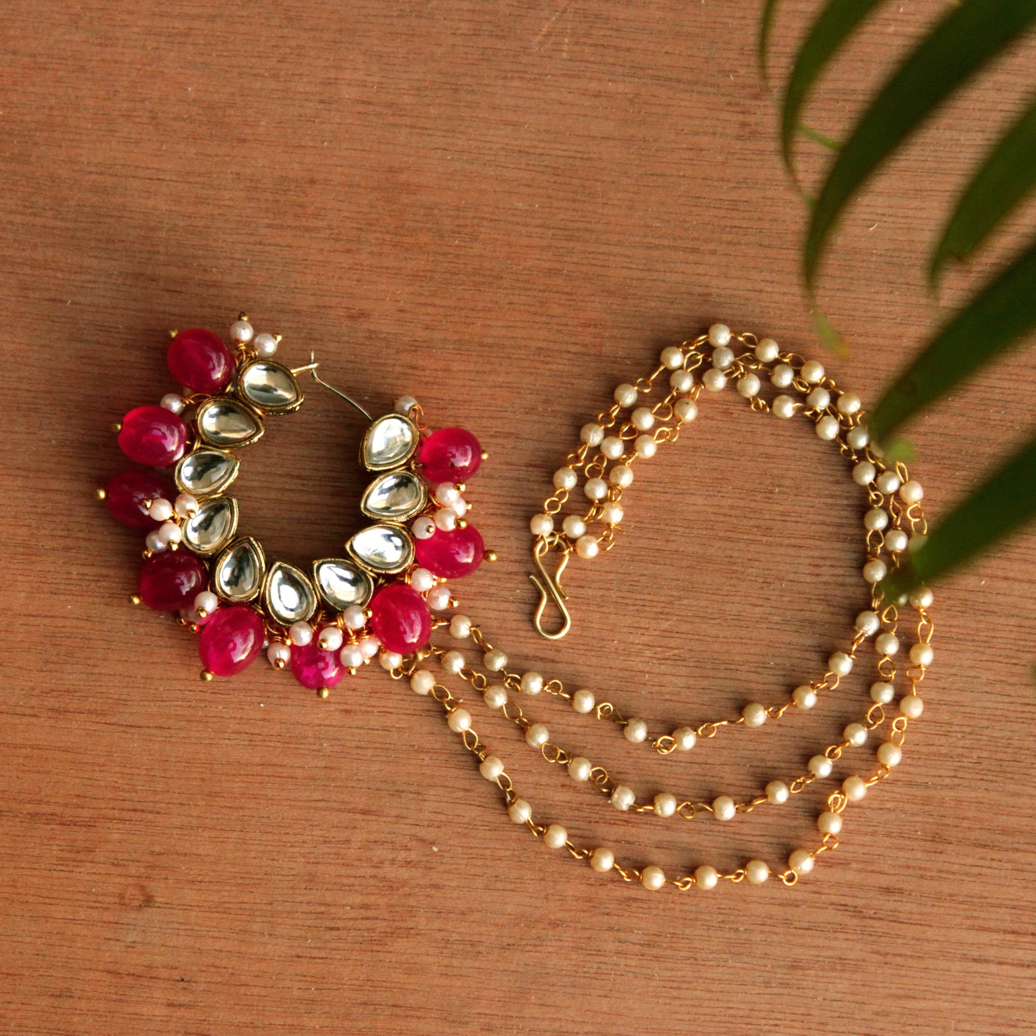 Traditional Indian bridal nath with kundan stones, green beads, and pearl hair chain Indian Nathiya Nathani Nose Ring