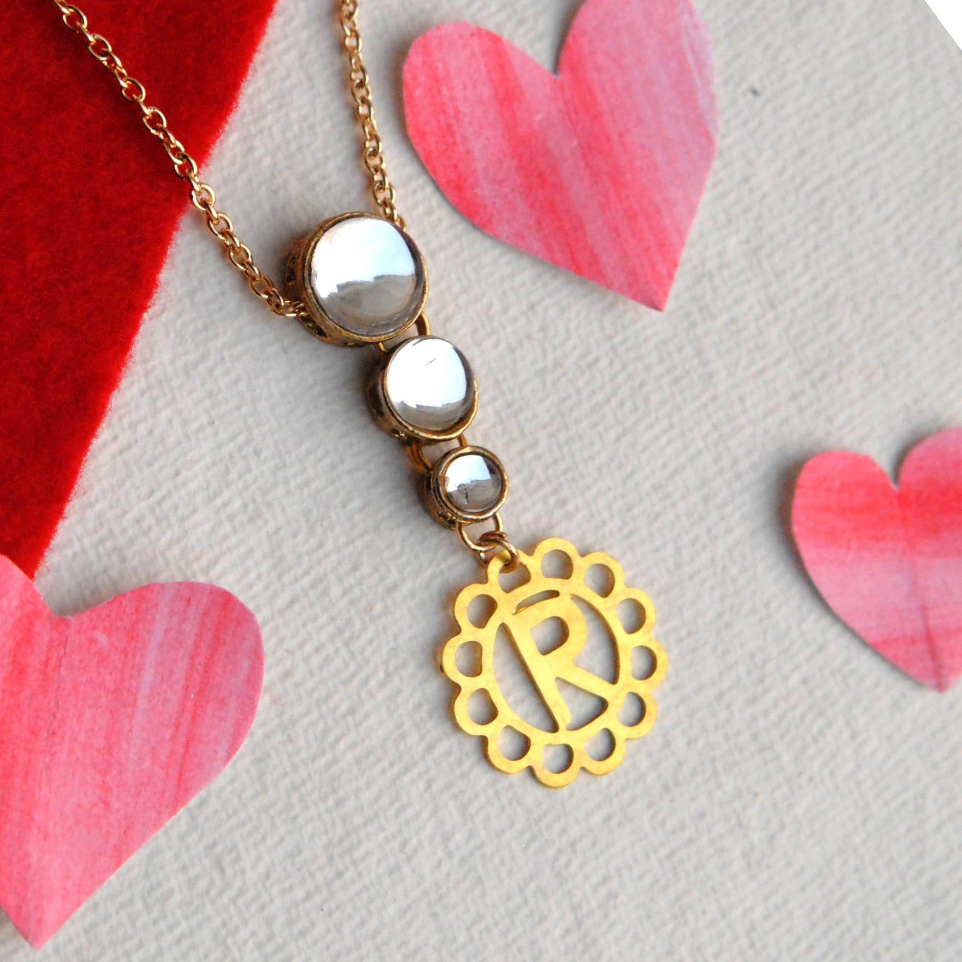 Kundans with Initial Charm Pendant - BeAbhika.com