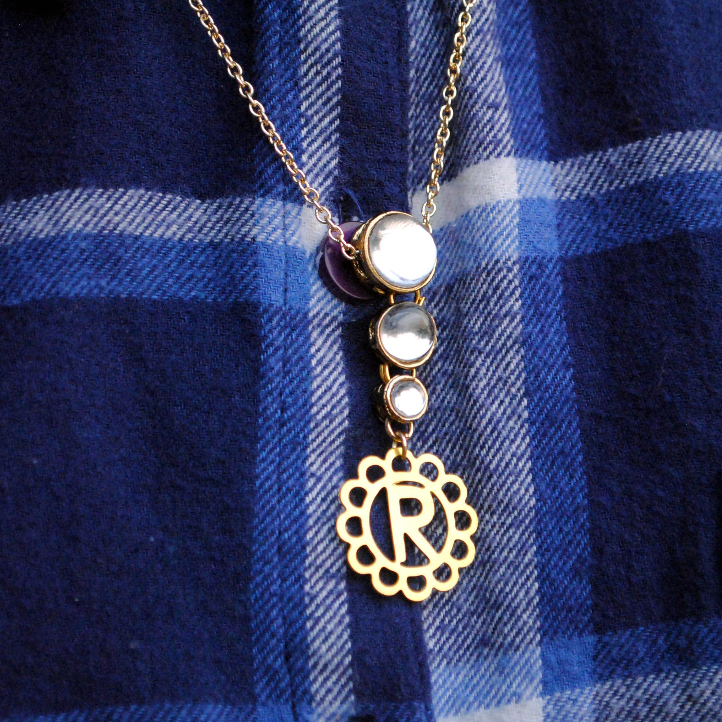 Kundans with Initial Charm Pendant - BeAbhika.com