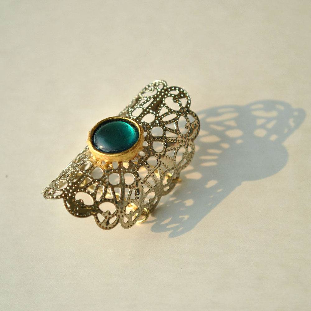 Green glass kundan adjustable ring