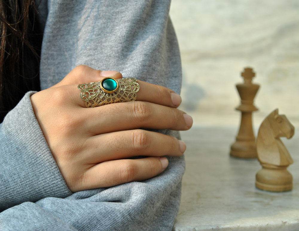 Green glass kundan adjustable ring
