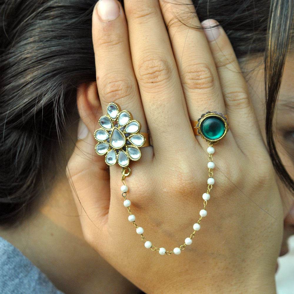 Beabhika Handmade Artificial Jewelry Adjustable Kundan Ring Gold Tone Two Finger Ring Adjustable Kundan Statement Rings Cocktail Easy To Wear Green Color Rings White Pearl Chain Ring Gold Tone Rings Available On COD In India Delhi Traditional Heeramandi Style Jewelry