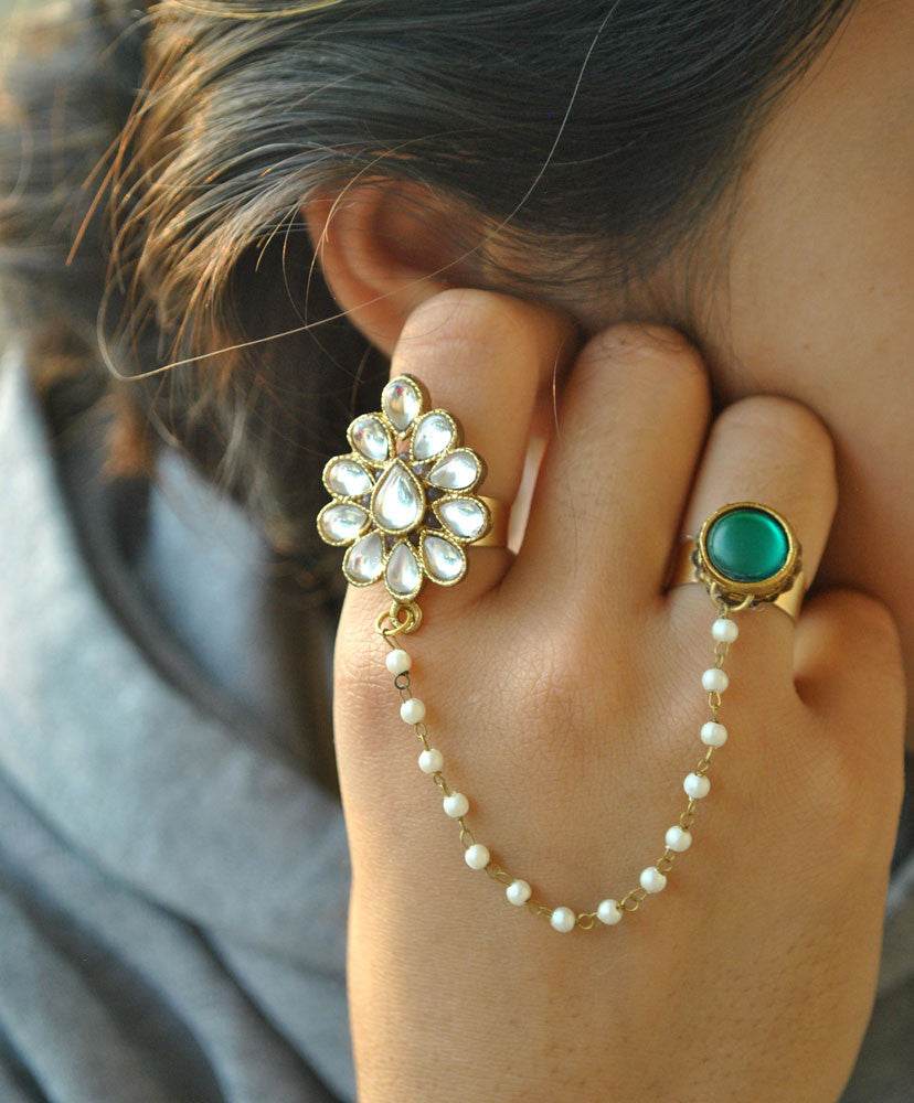 Beabhika Handmade Artificial Jewelry Adjustable Kundan Ring Gold Tone Two Finger Ring Adjustable Kundan Statement Rings Cocktail Easy To Wear Green Color Rings White Pearl Chain Ring Gold Tone Rings Available On COD In India Delhi Traditional Heeramandi Style Jewelry