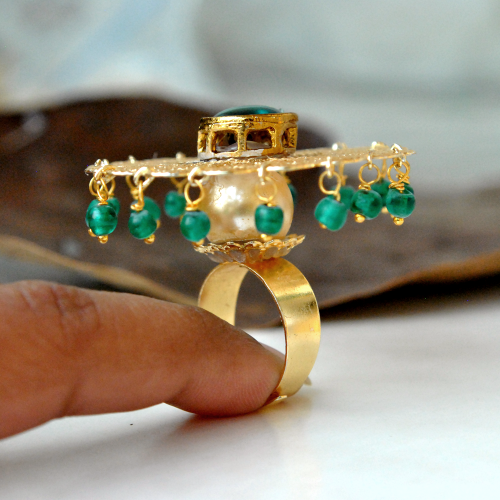 green glass kundan adjustable ring