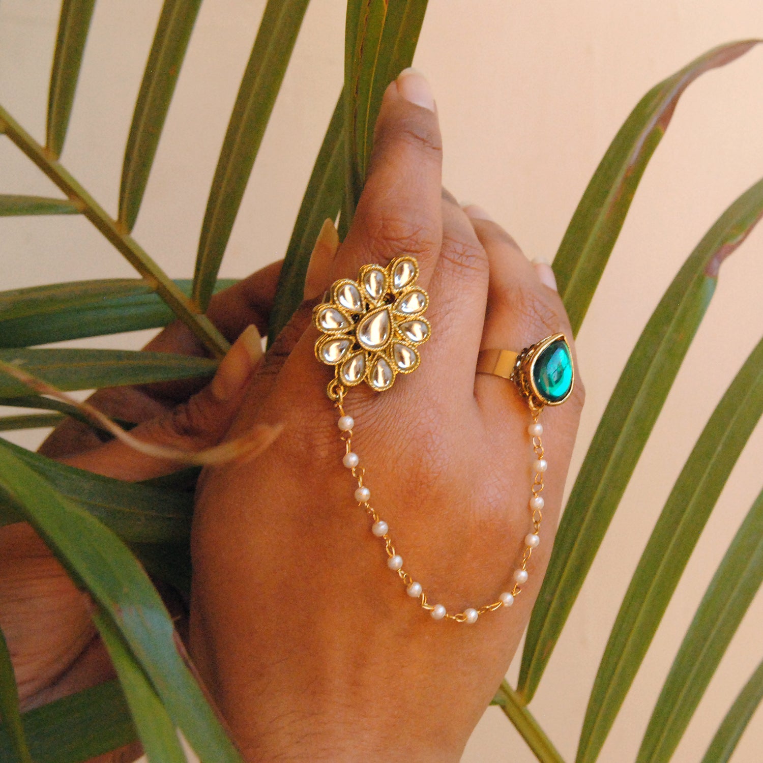 Beabhika Handmade Artificial Jewelry Adjustable Kundan Ring Gold Tone Two Finger Ring Adjustable Kundan Statement Rings Cocktail Easy To Wear Green Color Rings White Pearl Chain Ring Gold Tone Rings Available On COD In India Delhi Traditional Heeramandi Style Jewelry
