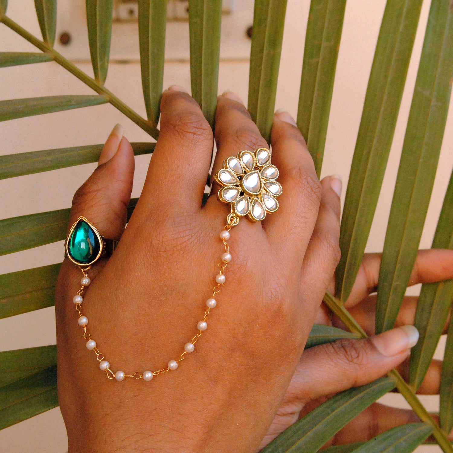 Beabhika Handmade Artificial Jewelry Adjustable Kundan Ring Gold Tone Two Finger Ring Adjustable Kundan Statement Rings Cocktail Easy To Wear Green Color Rings White Pearl Chain Ring Gold Tone Rings Available On COD In India Delhi Traditional Heeramandi Style Jewelry