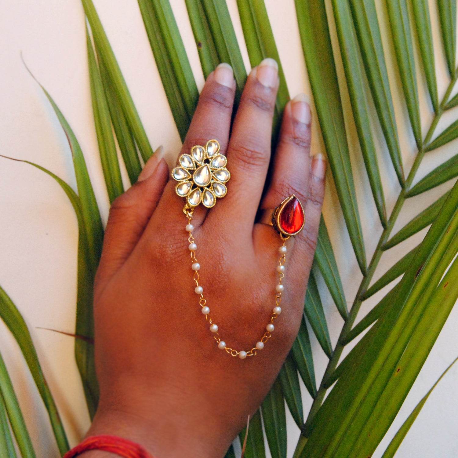 Beabhika Handmade Artificial Jewelry Adjustable Kundan Ring Gold Tone Two Finger Ring Adjustable Kundan Statement Rings Cocktail Easy To Wear Green Color Rings White Pearl Chain Ring Gold Tone Rings Available On COD In India Delhi Traditional Heeramandi Style Jewelry