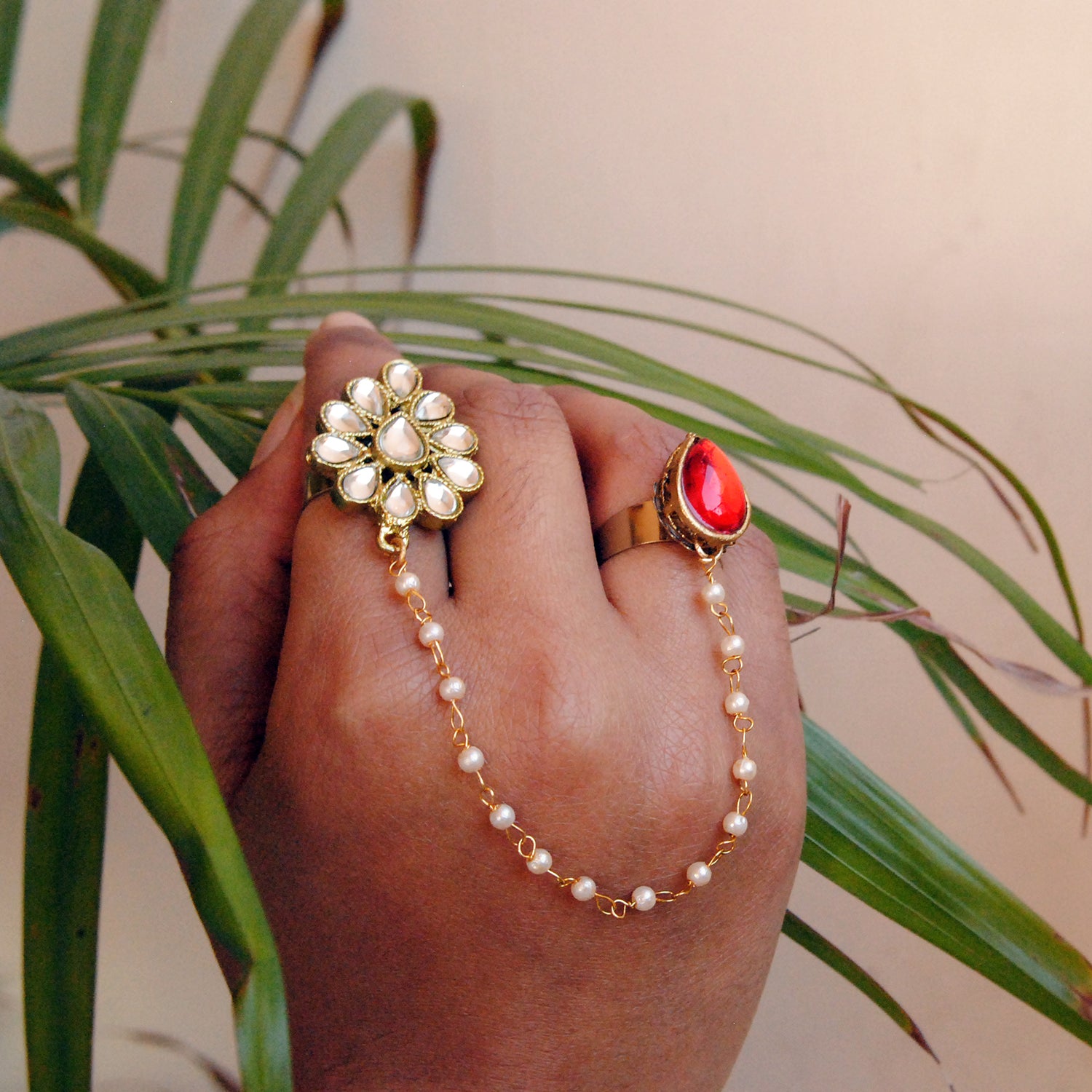 Beabhika Handmade Artificial Jewelry Adjustable Kundan Ring Gold Tone Two Finger Ring Adjustable Kundan Statement Rings Cocktail Easy To Wear Green Color Rings White Pearl Chain Ring Gold Tone Rings Available On COD In India Delhi Traditional Heeramandi Style Jewelryfinger ring
