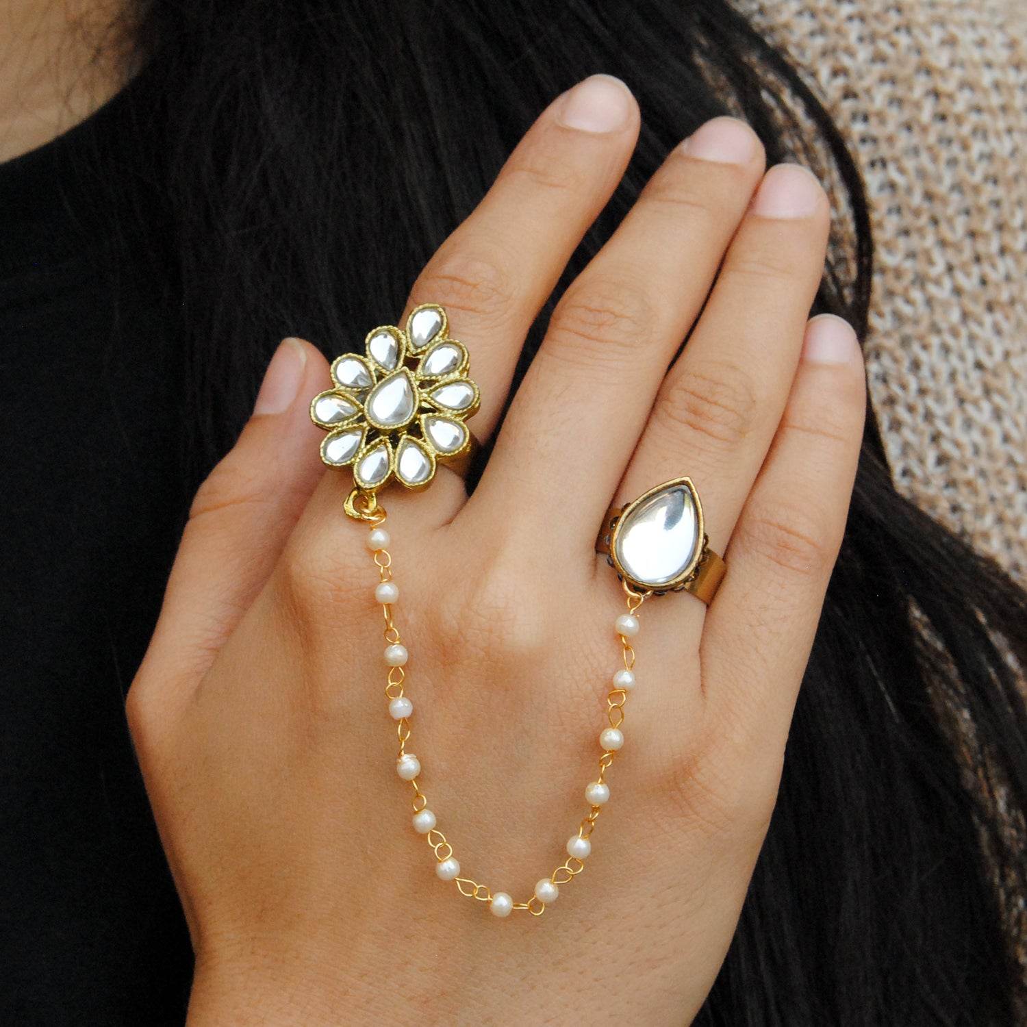 Beabhika Handmade Artificial Jewelry Adjustable Kundan Ring Gold Tone Two Finger Ring Adjustable Kundan Statement Rings Cocktail Easy To Wear Green Color Rings White Pearl Chain Ring Gold Tone Rings Available On COD In India Delhi Traditional Heeramandi Style Jewelry