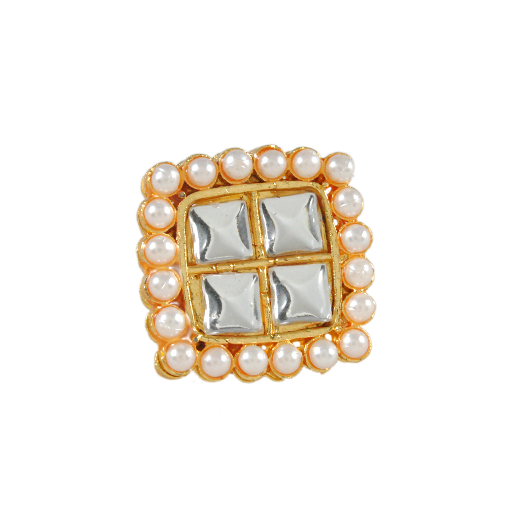 golden glass kundan white pearls adjustable ring