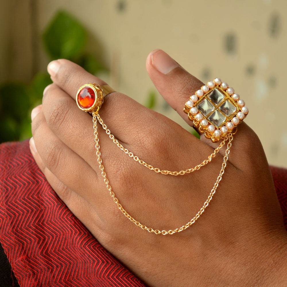 Royal Kundan Two Finger Ring - BeAbhika.com
