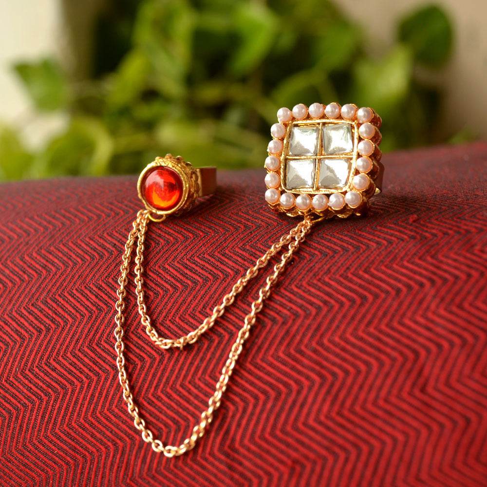Royal Kundan Two Finger Ring - BeAbhika.com