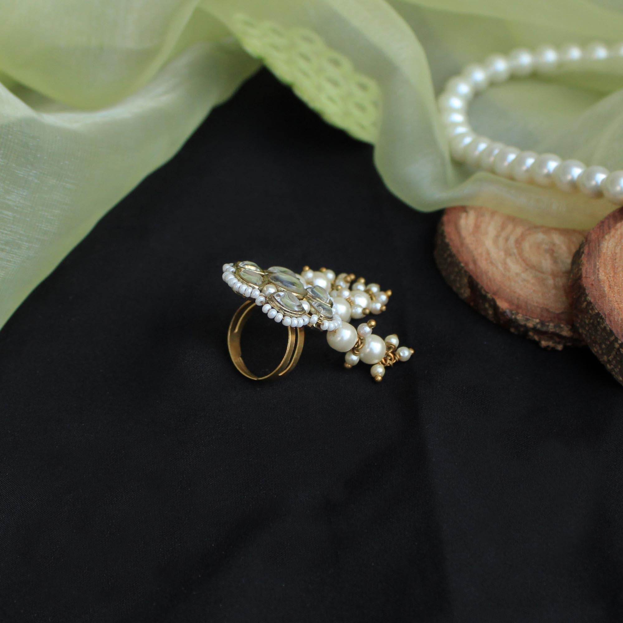 glass kundan faux pearls adjustable ring.