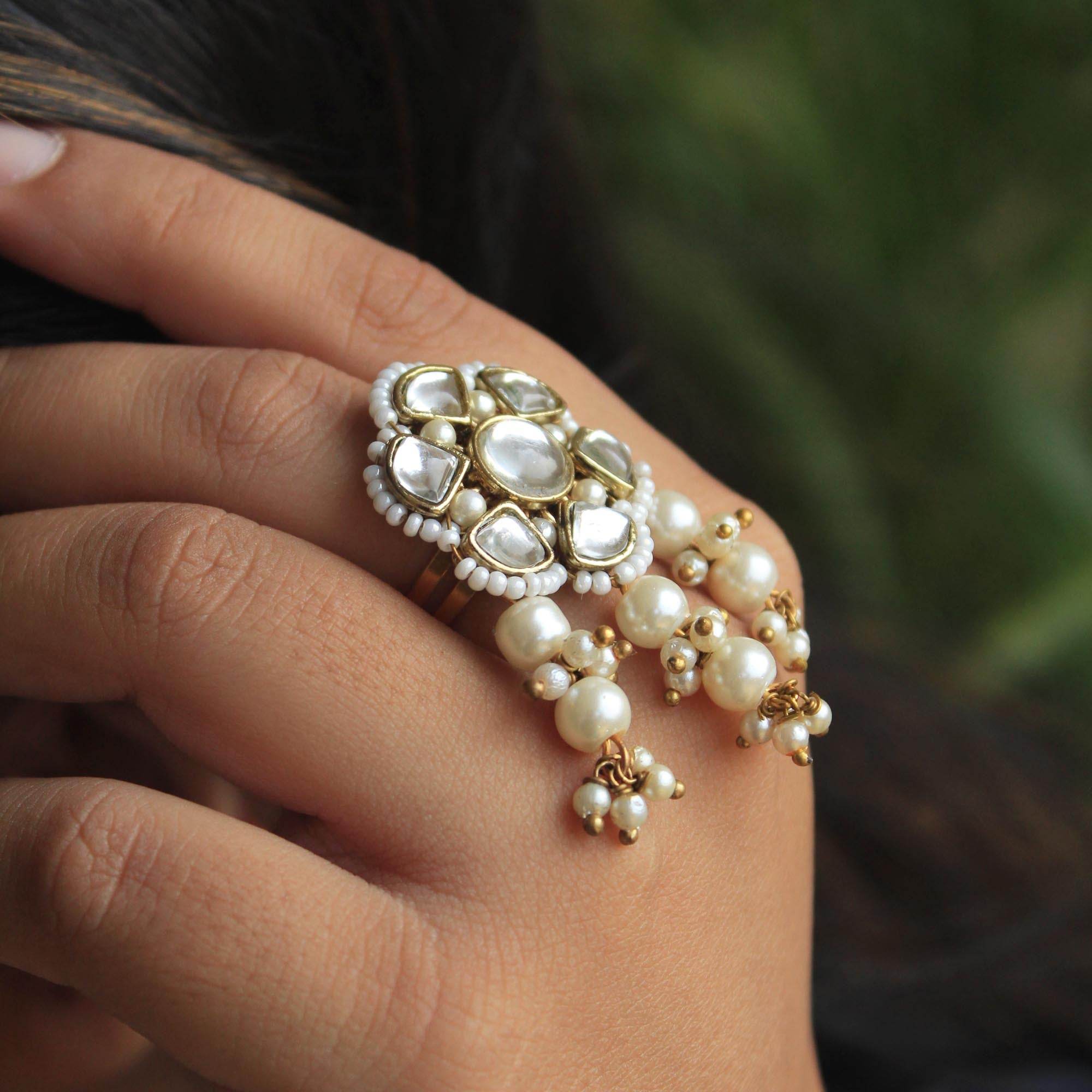 glass kundan faux pearls adjustable ring.
