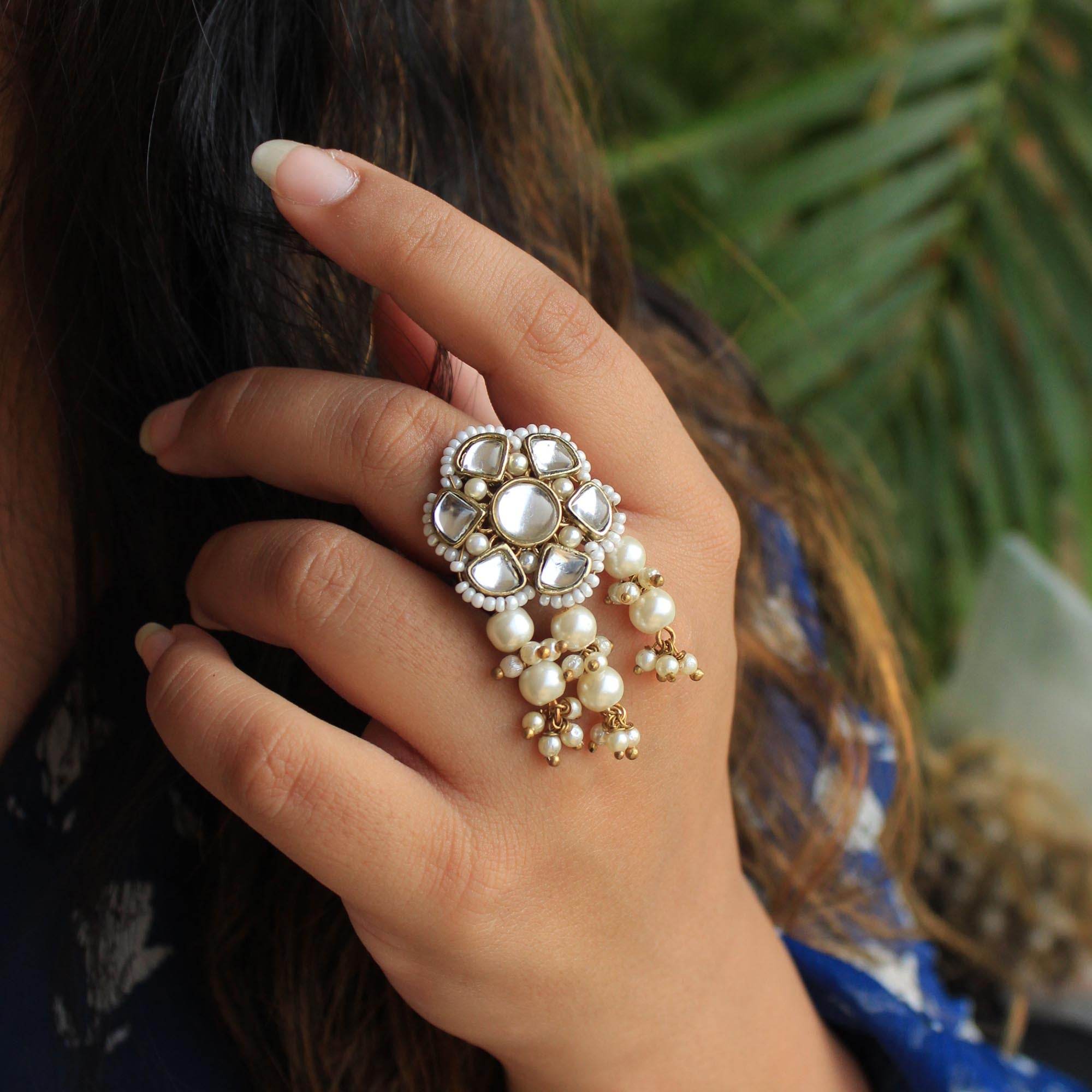 glass kundan faux pearls adjustable ring.
