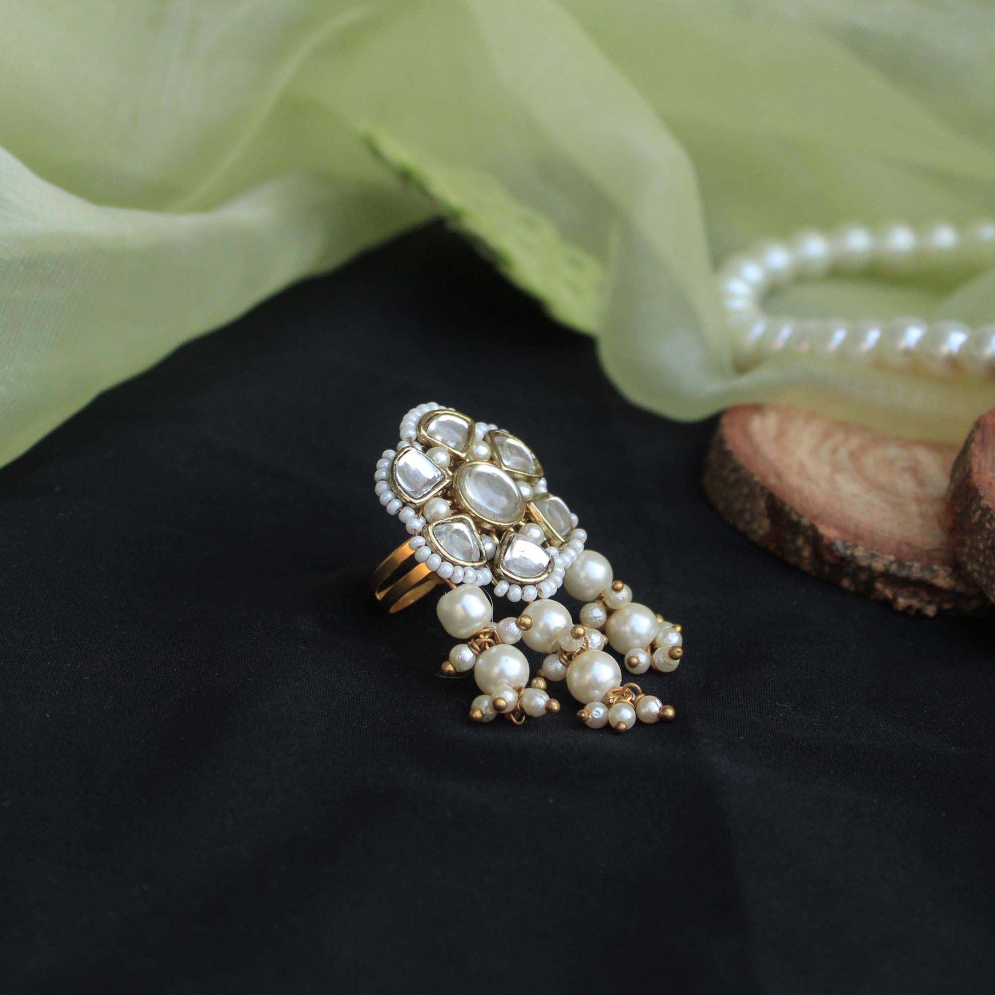 glass kundan faux pearls adjustable ring.
